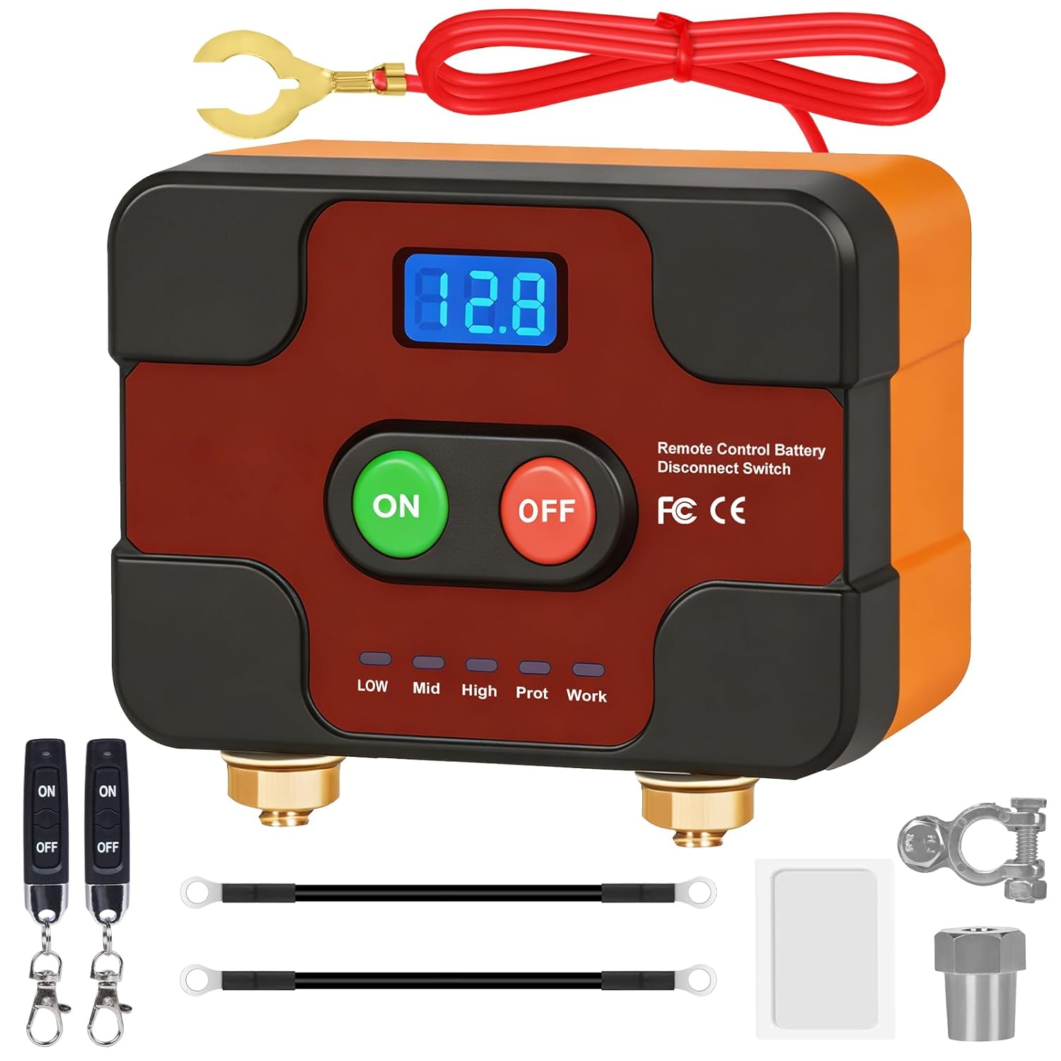 Detalle de Coupe-circuit batterie 12V sans fil avec affichage LED et télécommande – Red
