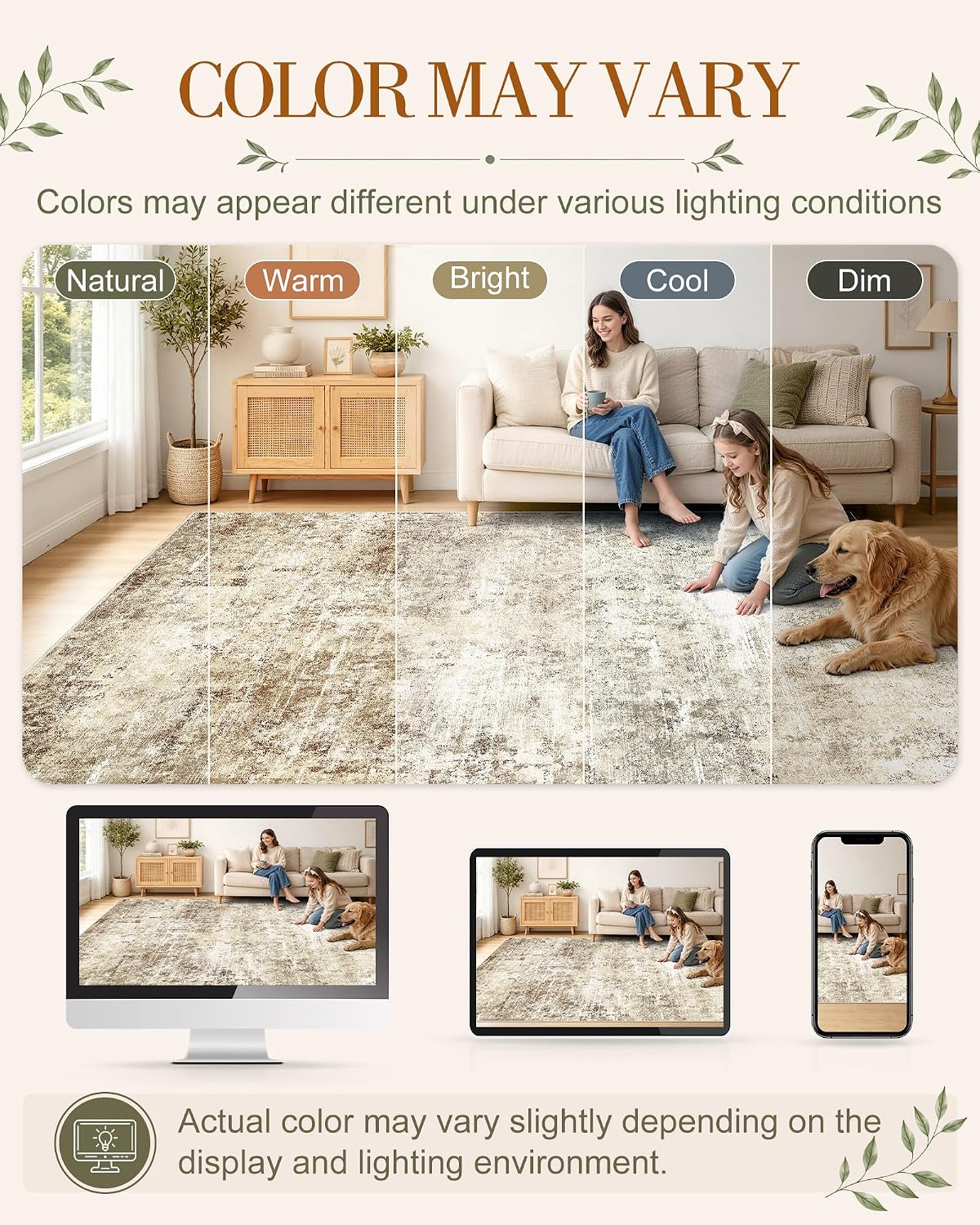 Detalle 2 de OLANLY 5' x 7' Washable Area Rug, Beige Distressed Abstract Low-Pile