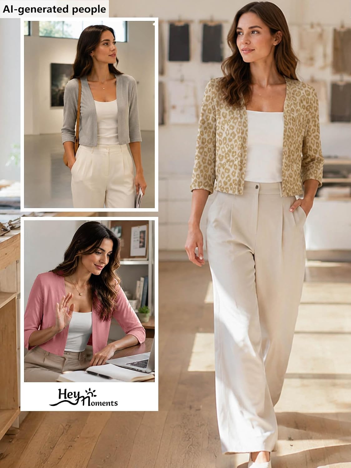 Detalle de Heymoments Women's Thin Shrugs 3/4 Sleeve Lightweight Cropped Cardigan