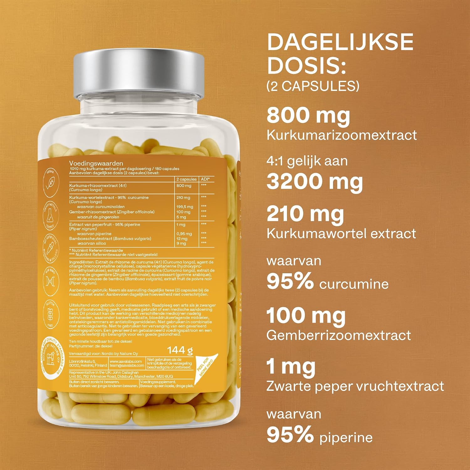 Detalle 1 de AAVALABS kurkuma- en zwartepepercapsules met gember, 95% curcumine, vegan