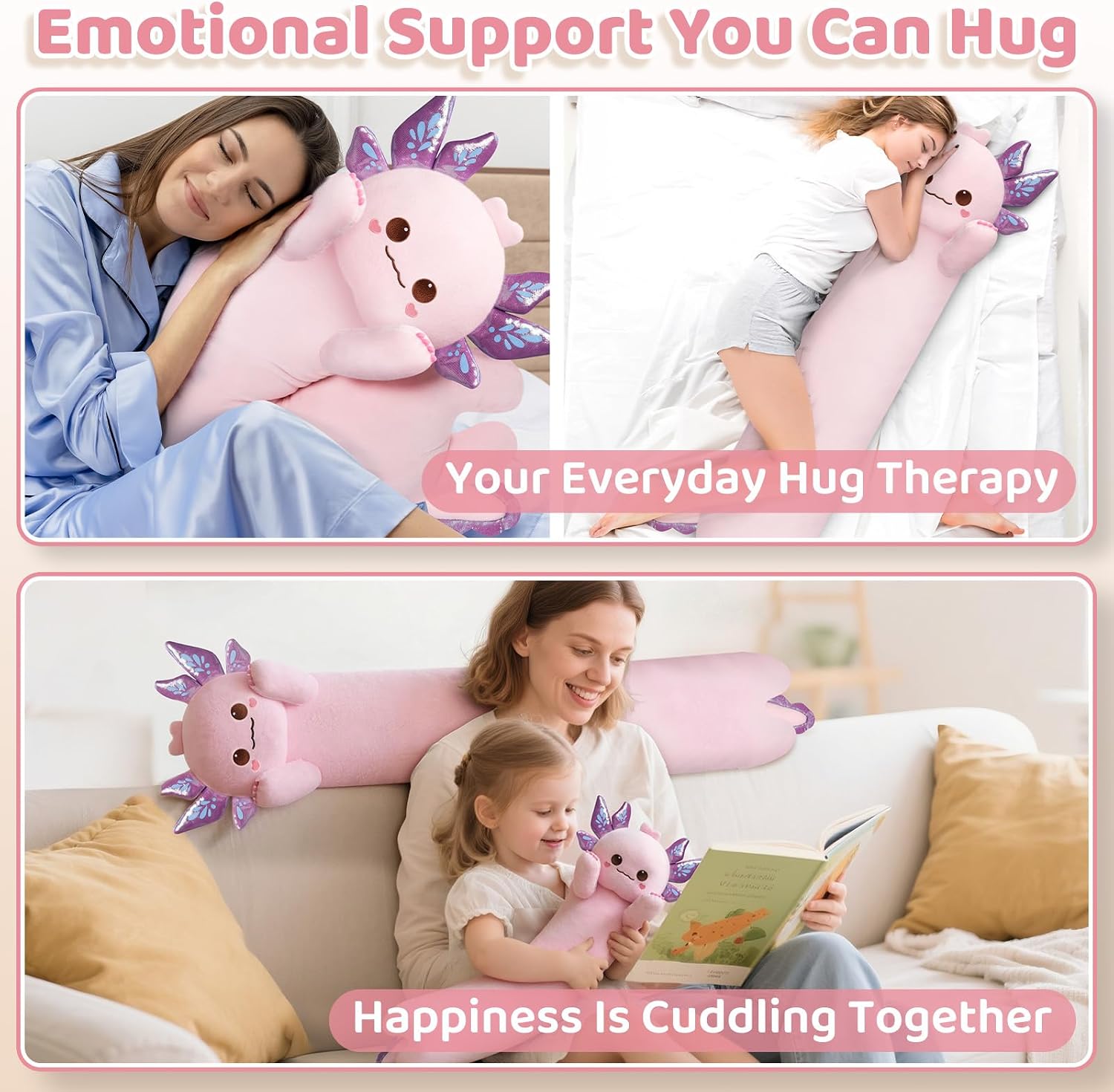 Detalle de Mewaii 20in Long Plush Axolotl Pillow – Purple cuddle and sleep hug toy