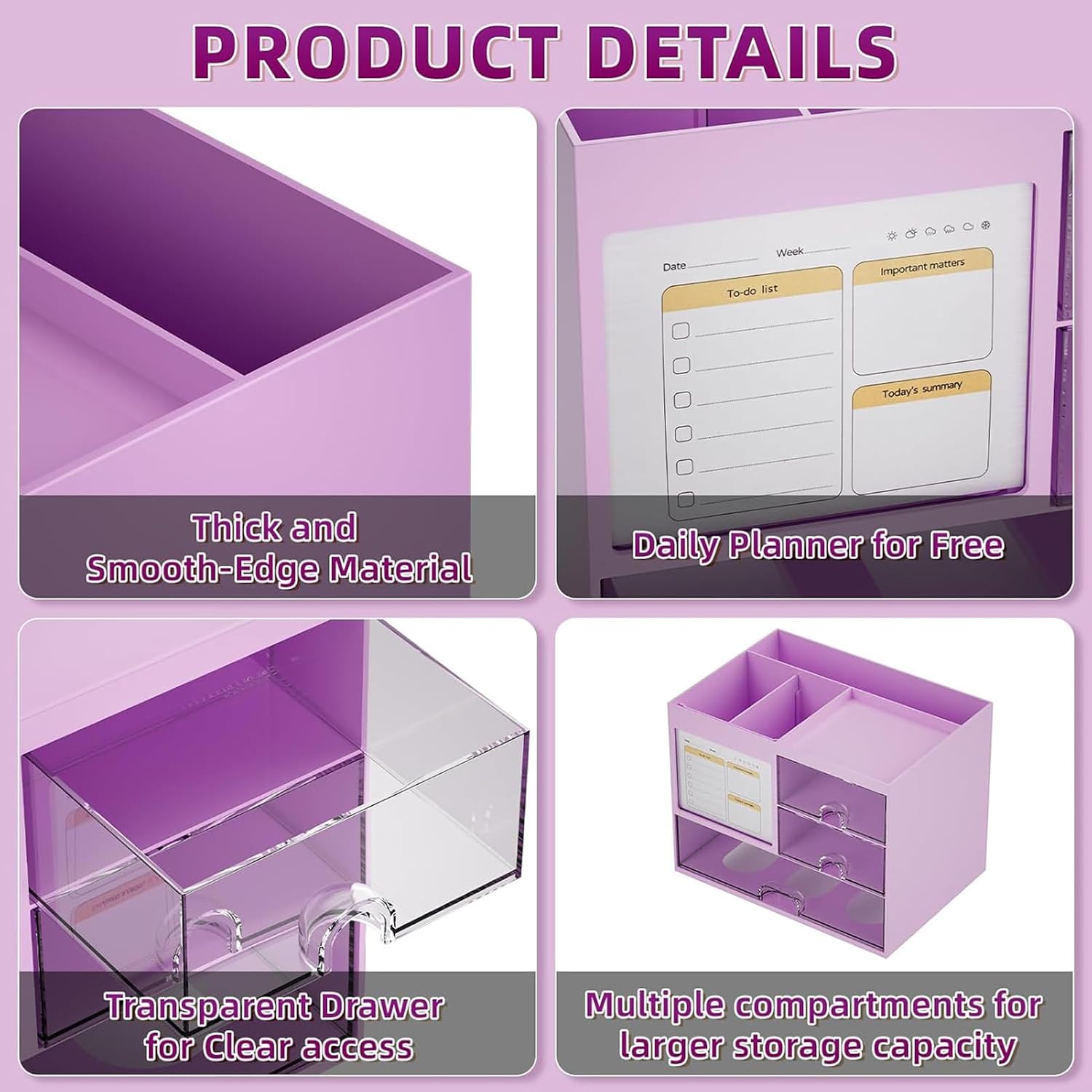 Detalle 2 de Marbrasse Schreibtisch Organizer mit 3 Schubladen – violett, große Kapazität, 20,32 × 14,23 × 15,5 cm