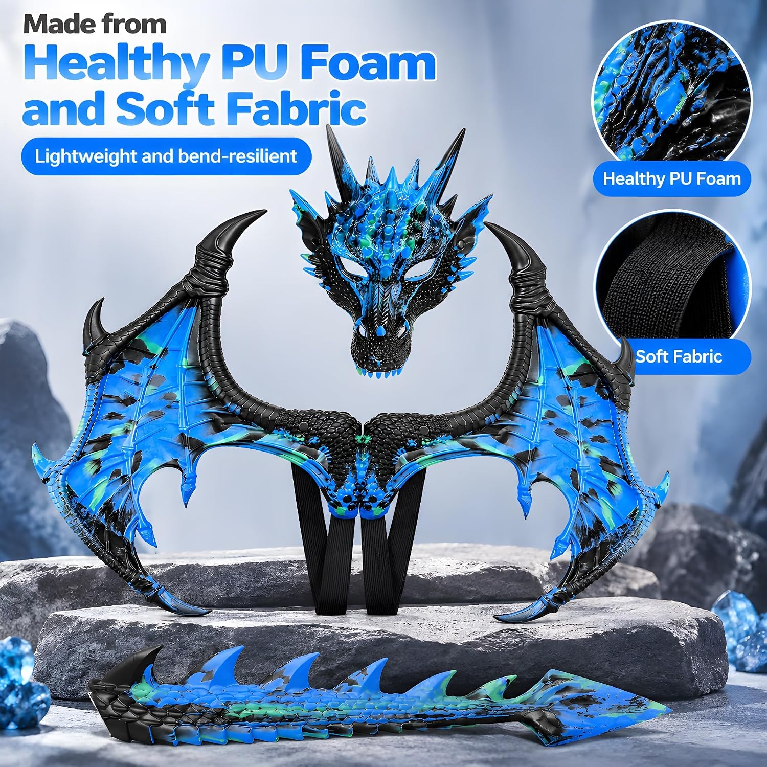 Detalle 2 de CRTEPST Dragon Costume for Kids, Sparkle Blue Mask, Wings & Tail