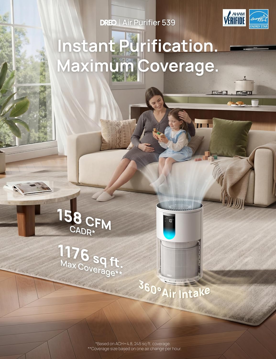Detalle de DREO Home Air Purifier 539 (DR-HAP009): AHAM Verified, 1176 sq ft Large Room Cleaner