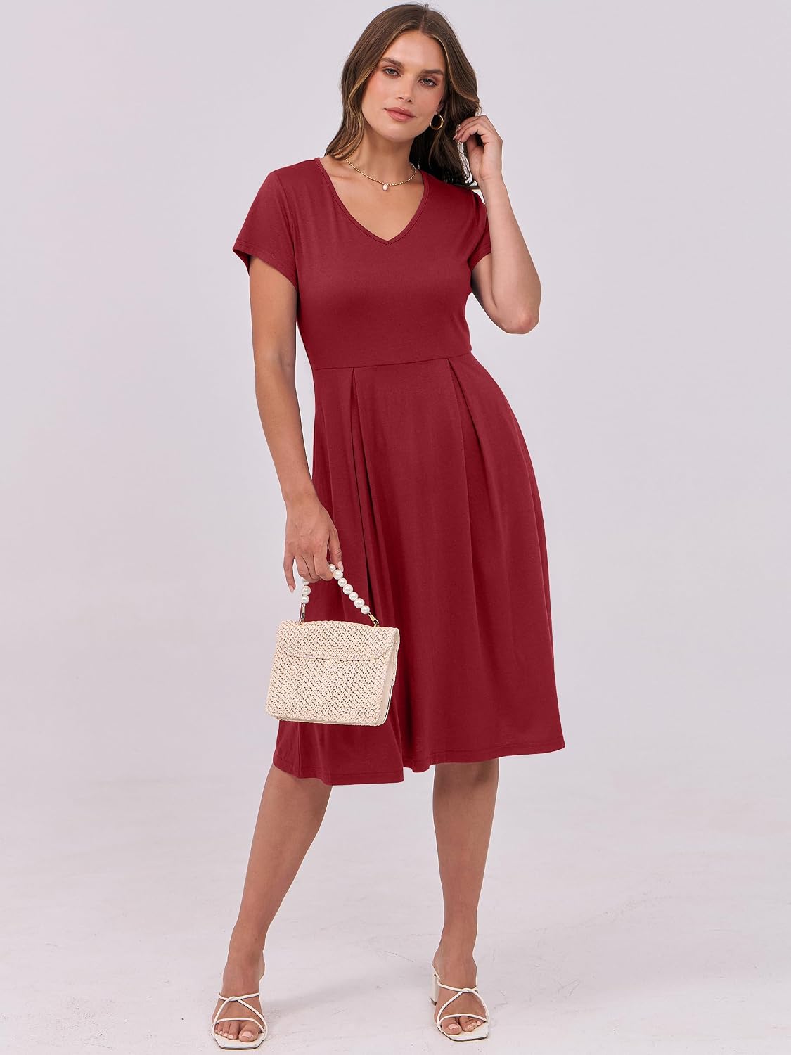 Detalle de ANRABESS Women Summer Dress: V-Neck A-Line Midi with Pocket
