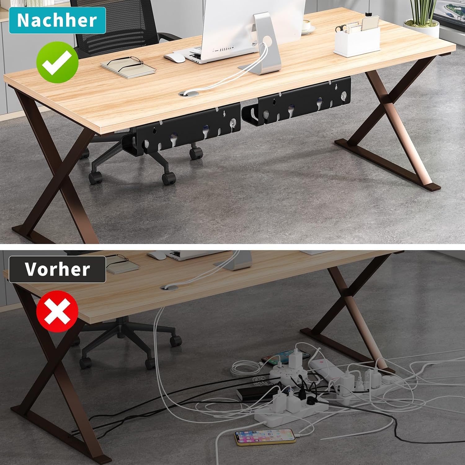 Detalle de StowBin Canalina per cavi da scrivania – set da 2, organizer in acciaio inox con accessori, gestione cavi nera