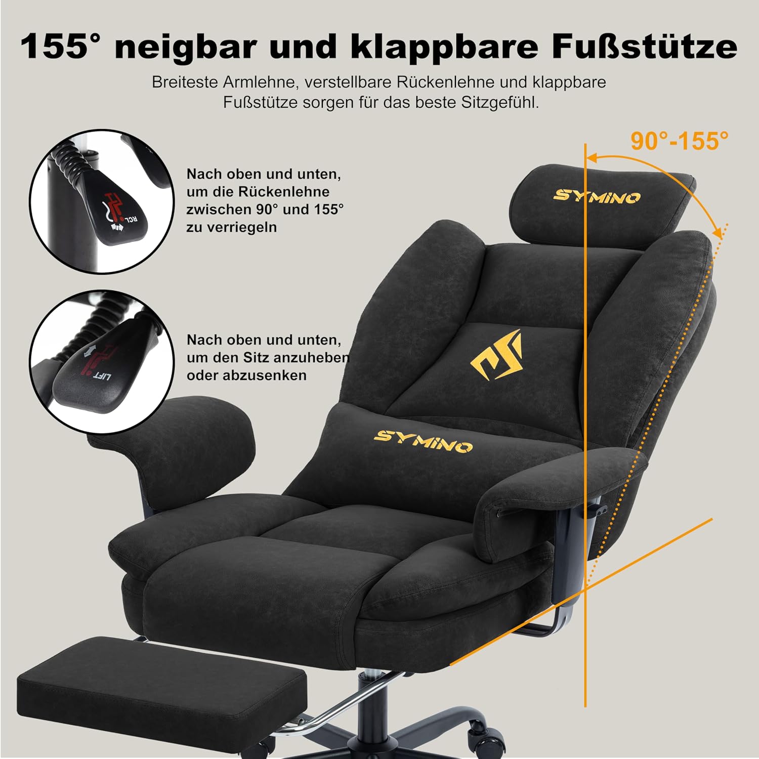 Thumbnail 5 de Symino Gaming-Stuhl Chefsessel: ergonomischer Bürostuhl mit Fußstütze und 90–155° Rückenlehne