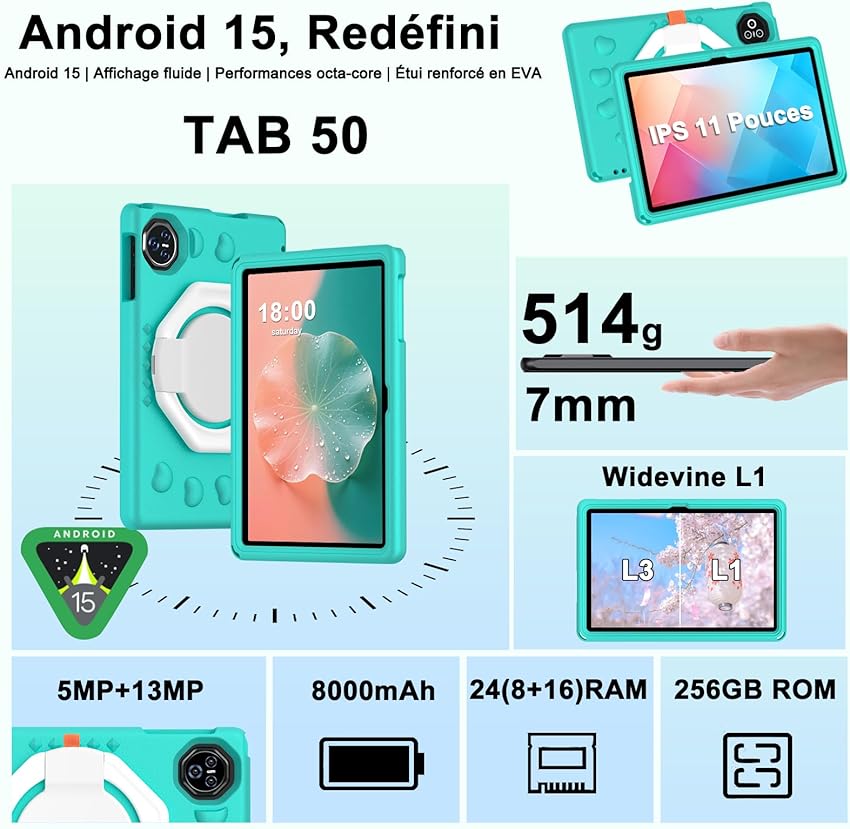 Detalle 2 de Dghrti Tablette 11 pouces Android 15, 8000 mAh ⚙