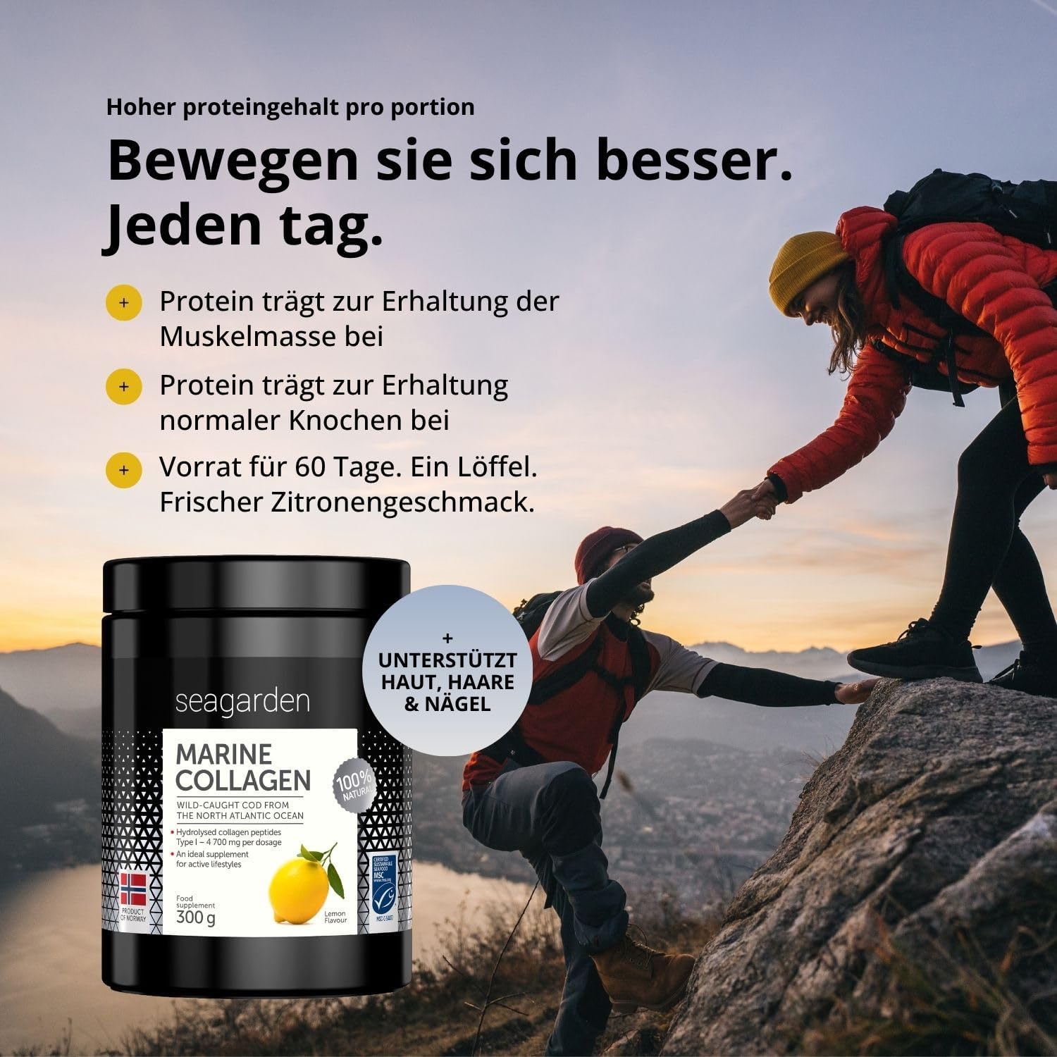 Detalle de Seagarden Marine Collagen Pulver – Reines Typ 1 Kollagen aus wildem Kabeljau, Zitronengeschmack, 300 г (60 Portionen)
