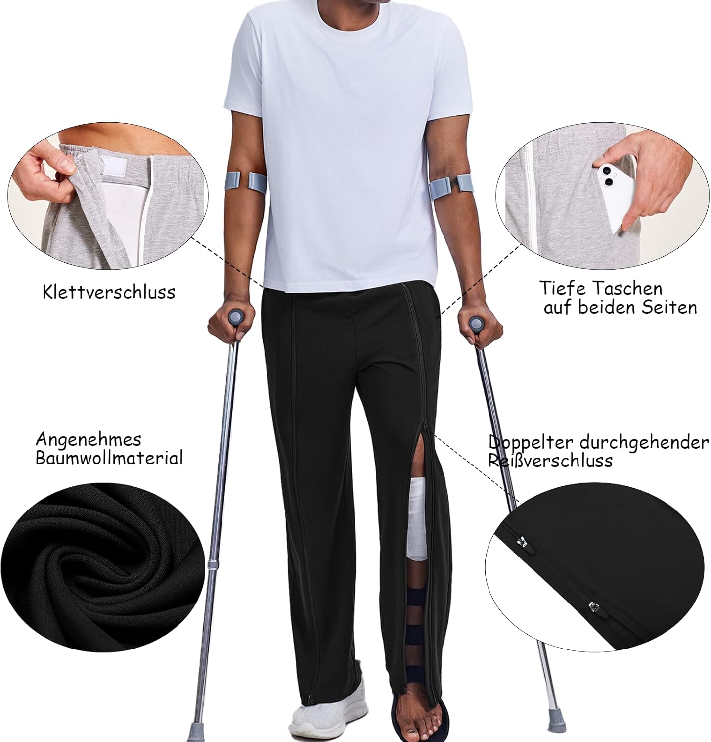 Detalle 2 de PINSPARK Reha Hose für Herren – Lang-Sporthose mit durchgehendem Reißverschluss und Baumwolle