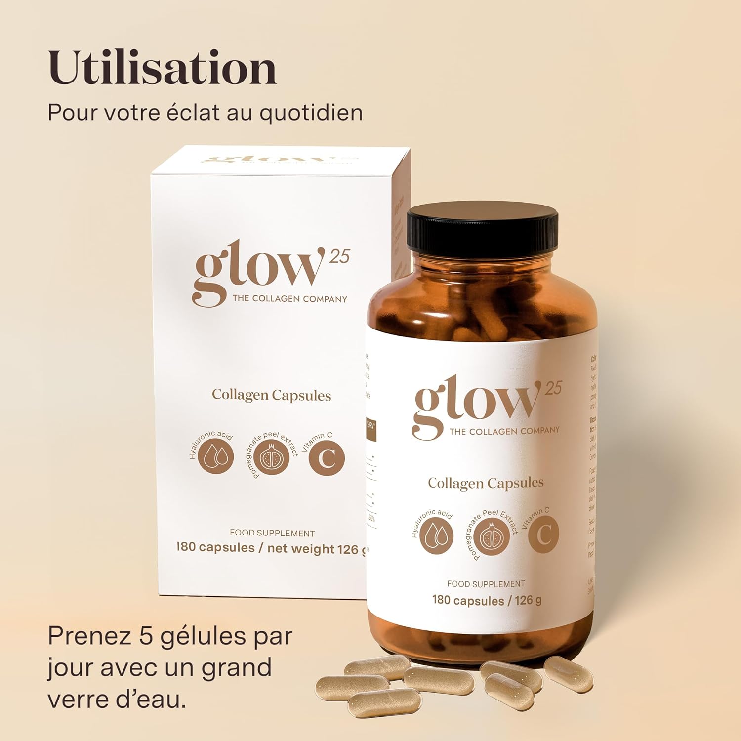 Thumbnail 3 de Glow25® Gélules de collagène à l’acide hyaluronique et vitamine C (180 gélules)
