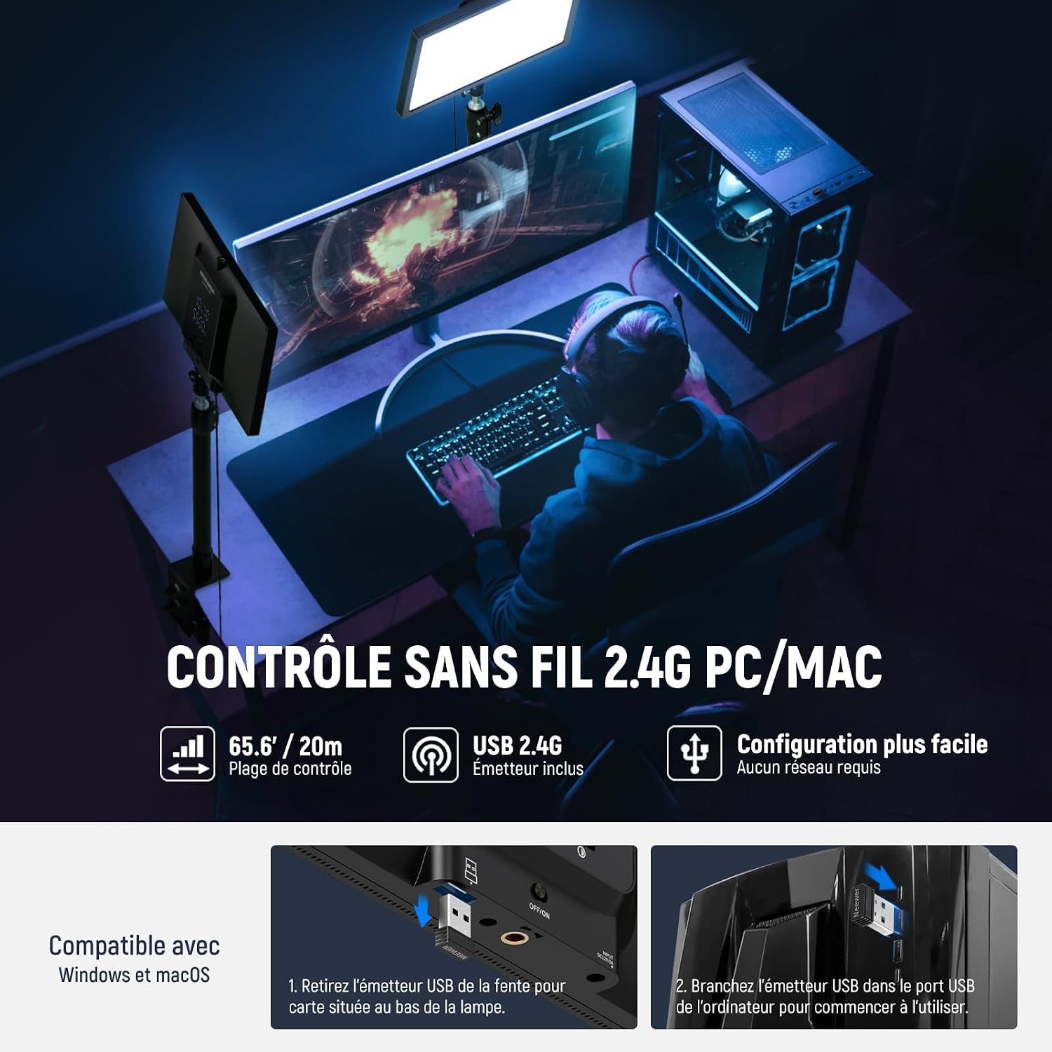 Detalle de NEEWER 25W 12,9” LED avec support de bureau pour webcam (RT 2,4G, contrôle app PC/Mac) — GL25B