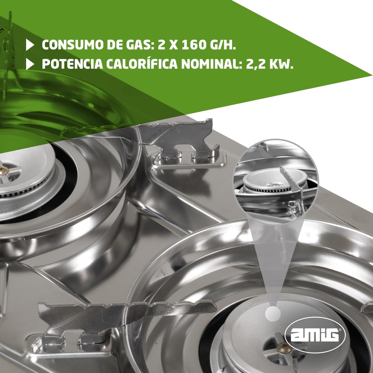 Detalle 2 de Amig CAMP02: Fornello da campeggio a gas a 2 bruciatori con piastra in acciaio inox e griglia in ghisa