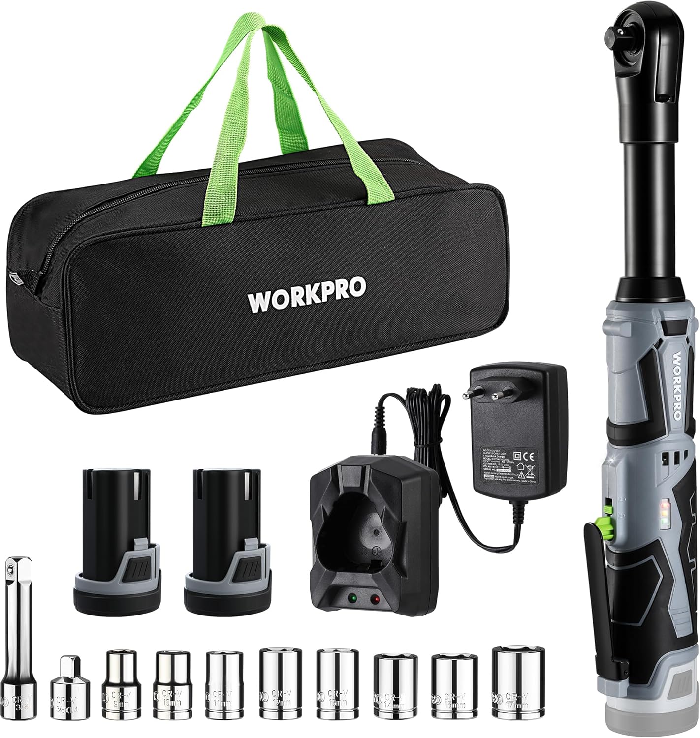 Detalle de WORKPRO chiave a cricchetto elettrica senza fili 12V 3/8” 55 Nm con LED e set 2 batterie da 2,0 Ah