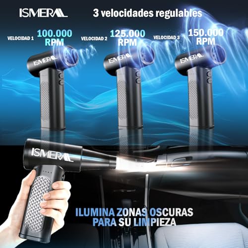 Detalle de ISMERAL Soplador de Aire Potente 150000 RPM – Pack completo (6000 mAh, 9 boquillas)