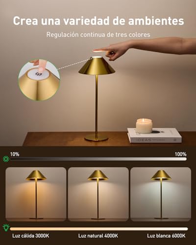 Detalle 2 de Bojim lámparas de mesa sin cable con USB recargable, iluminación LED táctil y acabado dorado