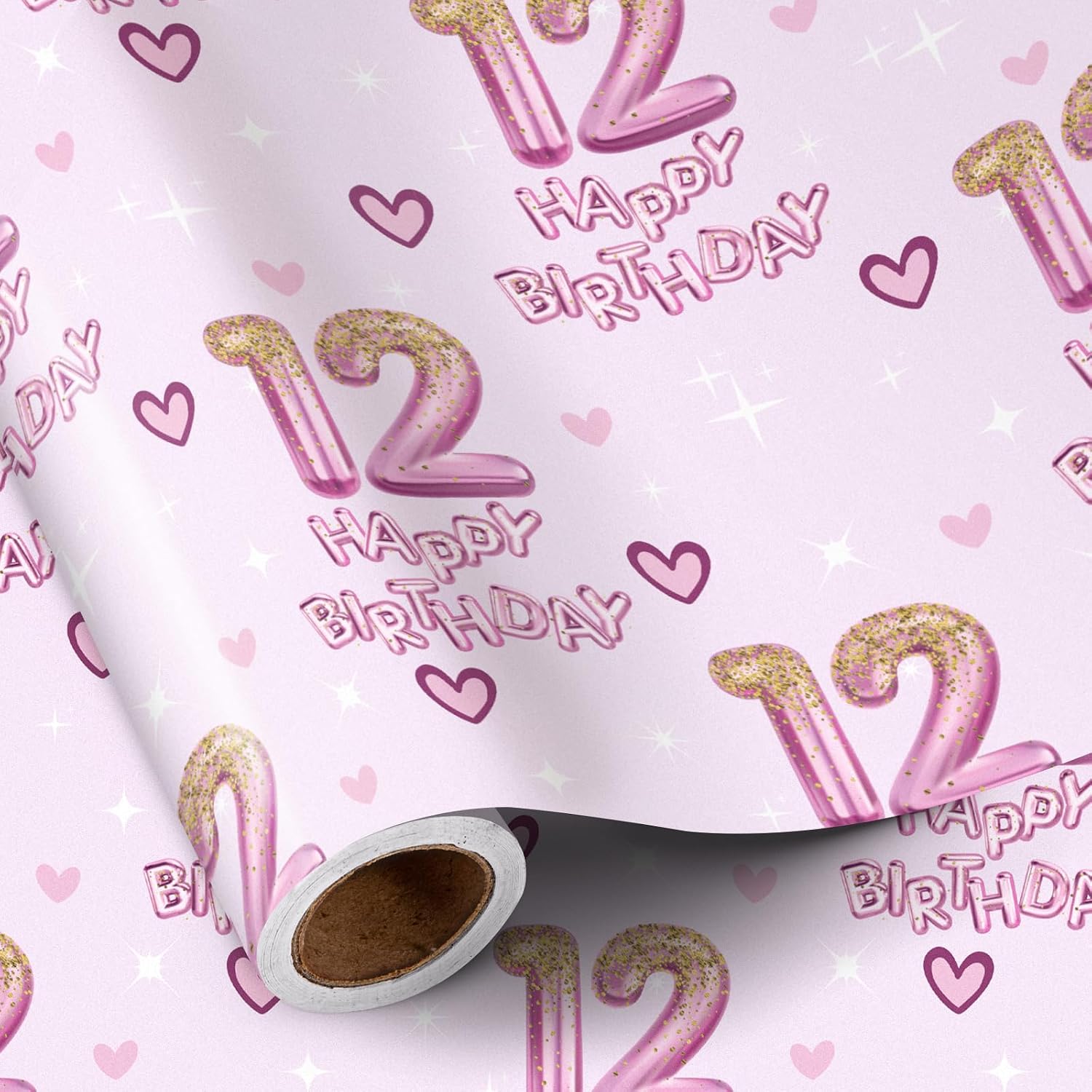 RUSPEPA 12th Birthday Wrapping Paper for Girls – Hearts and Pink 12 Balloons Happy Birthday Design, Mini Roll 43.2cm x 5m