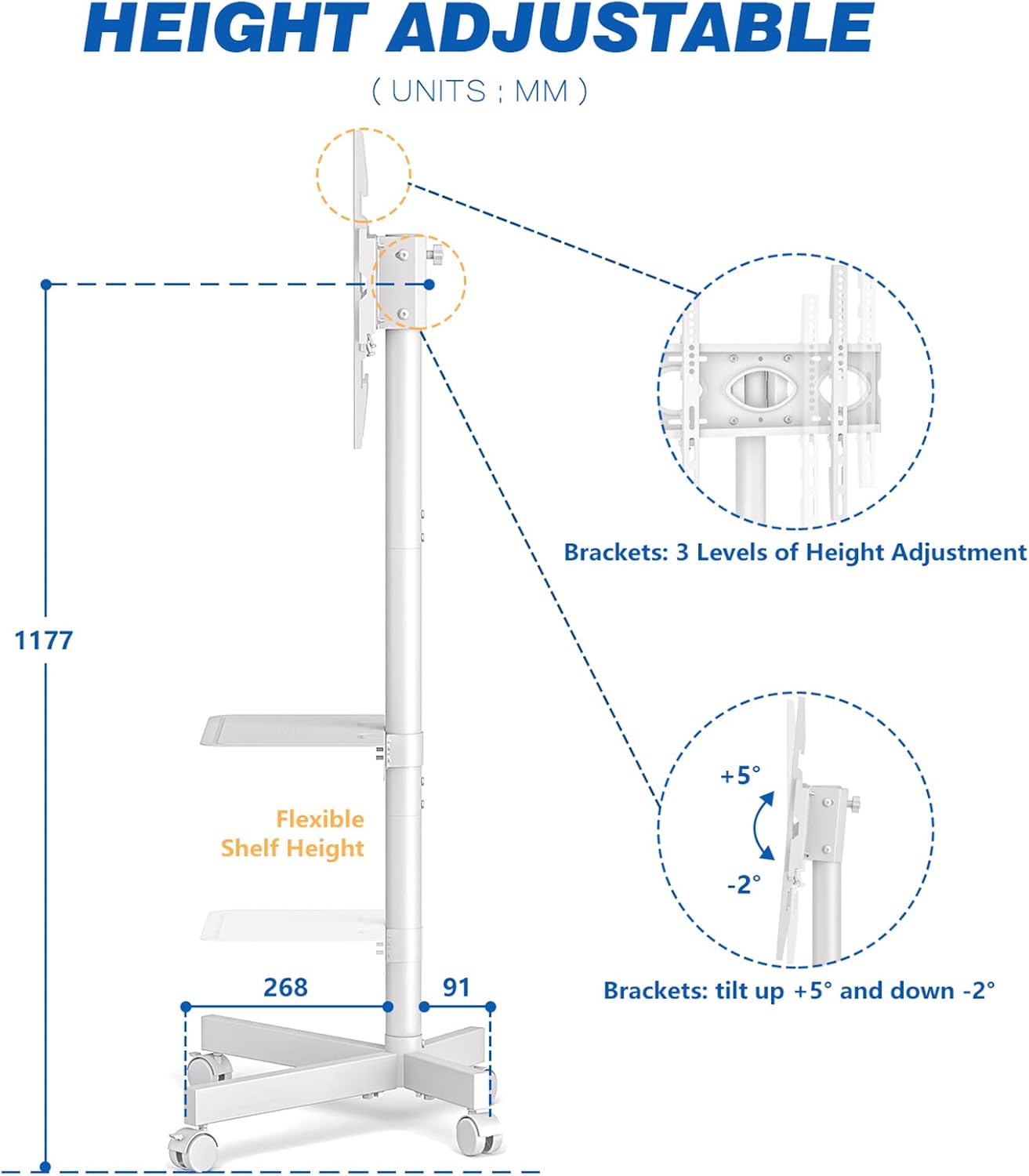 Thumbnail 3 de RFIVER Blanc Pied TV mobile sur roulettes (27 à 60 pouces) réglable en hauteur, charge max 40 kg, VESA jusqu’à 400x400