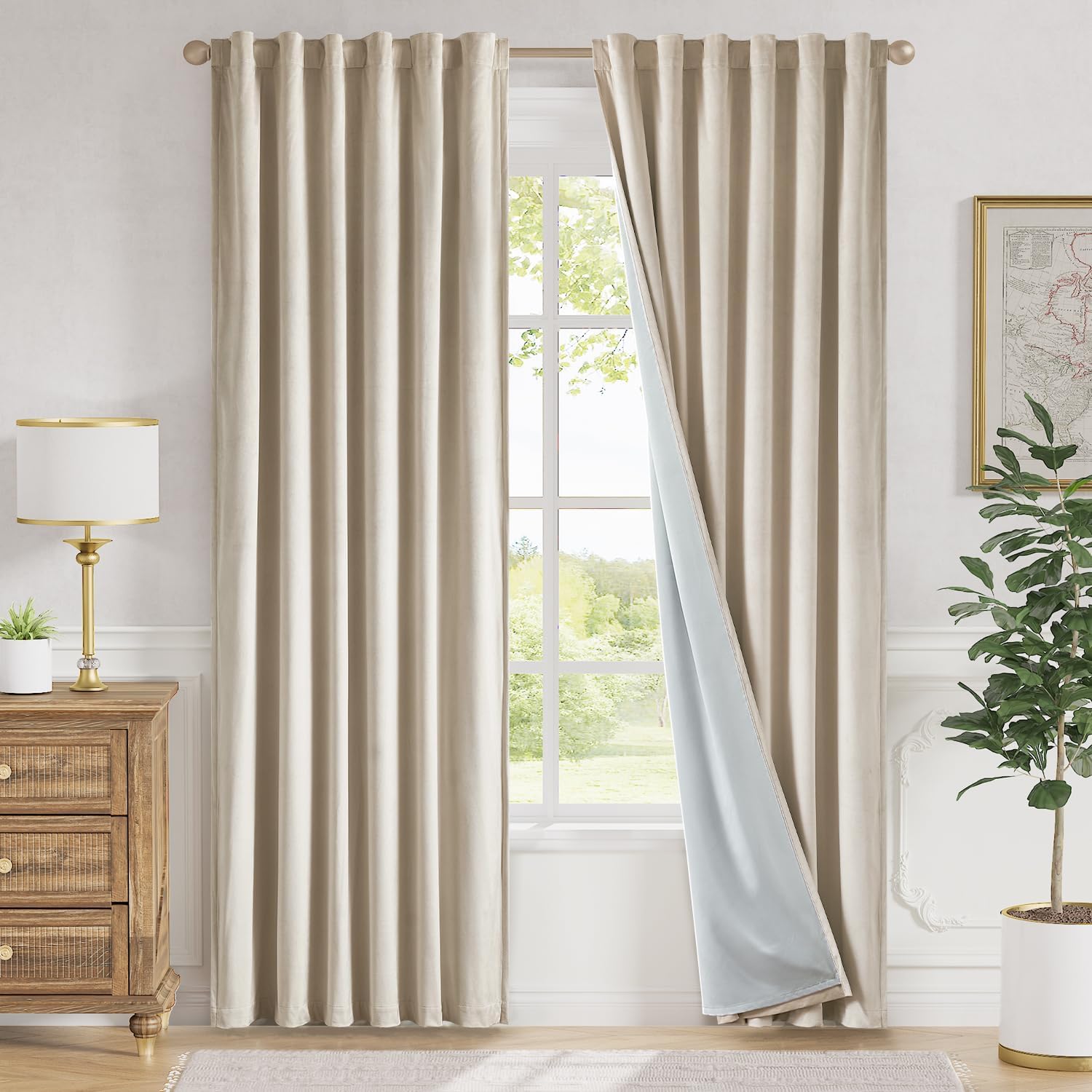 Detalle de Lazzzy Velvet Blackout Extra Long Thermal Insulated Curtains (Beige) — Rod Pocket, 2 Panels, 42" x 108