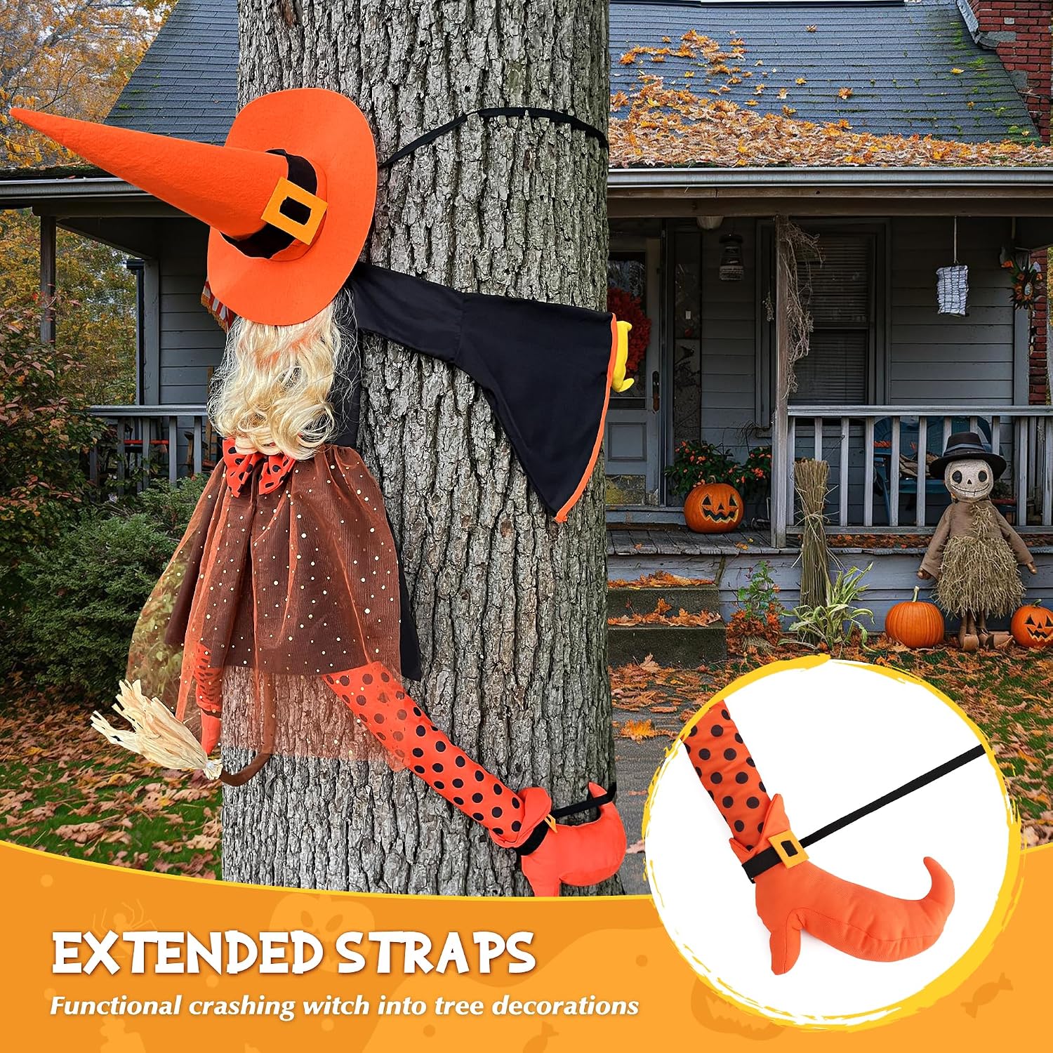 Detalle 2 de HOIIOH 53-Inch Orange Crashing Witch Halloween Yard Decoration