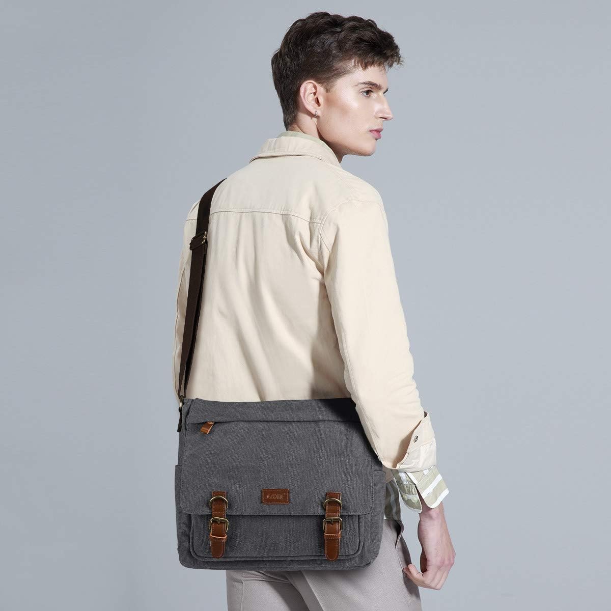 Detalle de S-ZONE Homme sac à bandoulière 15,6 pouces en toile vintage : grand sac messager pour ordinateur portable