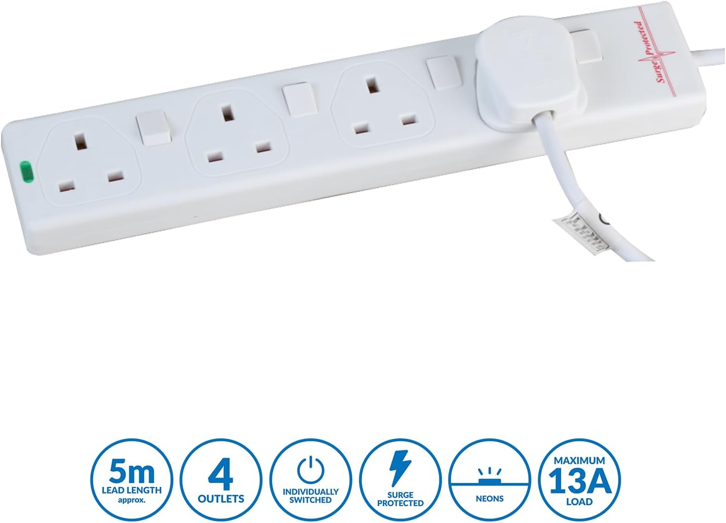Detalle 2 de PRO ELEC PELB1921 4 Way Individually Switched Surge Protected Extension Lead White, 5m