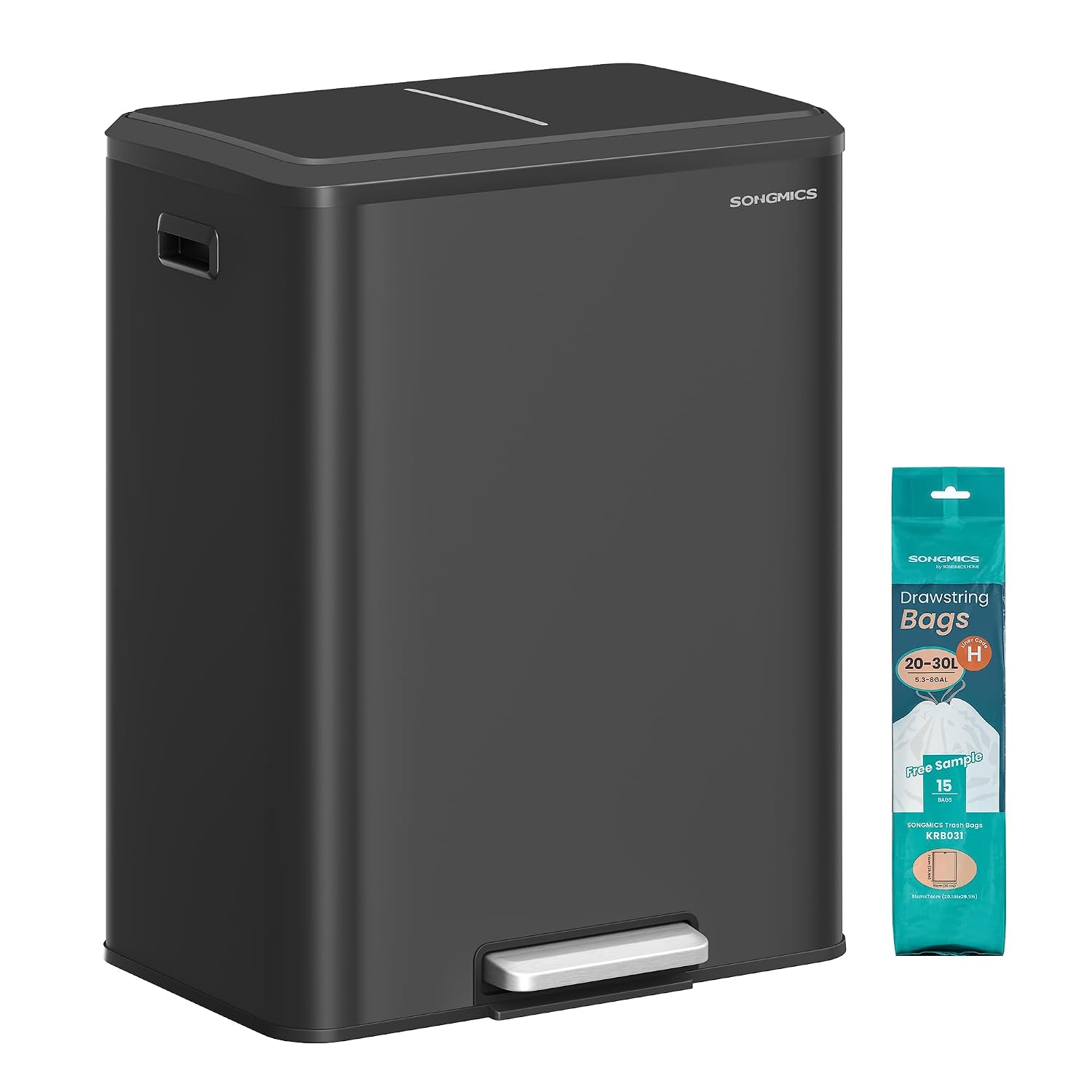 Detalle de SONGMICS LTB544A02 Double Kitchen Bin, 2 x 15 L, Steel, Soft-Close Lid