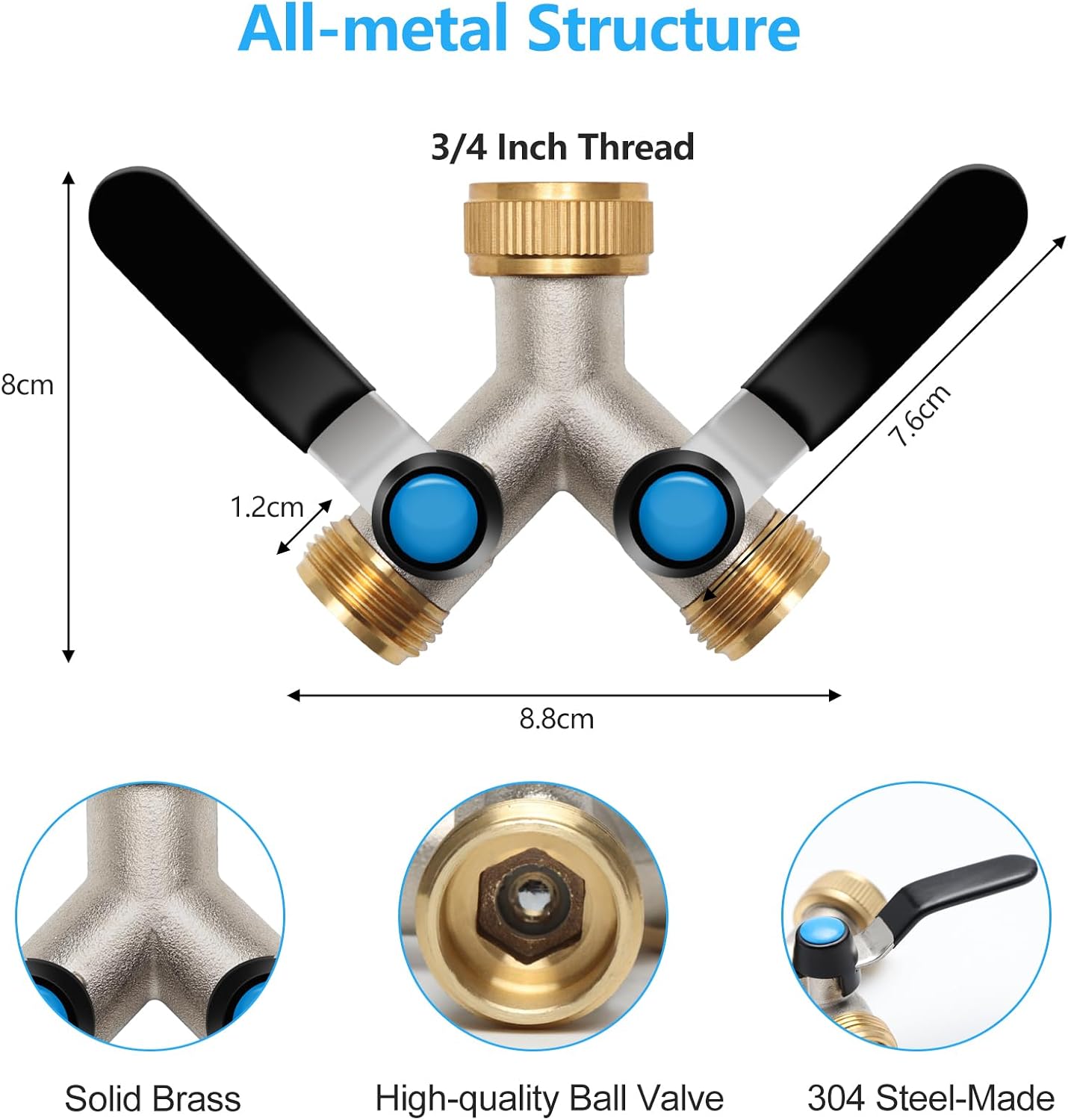 Detalle 2 de Wasserverteiler 2 Wege – Y-Verteiler 3/4 Zoll, Messing, großer Griff, unabhängige Ventile