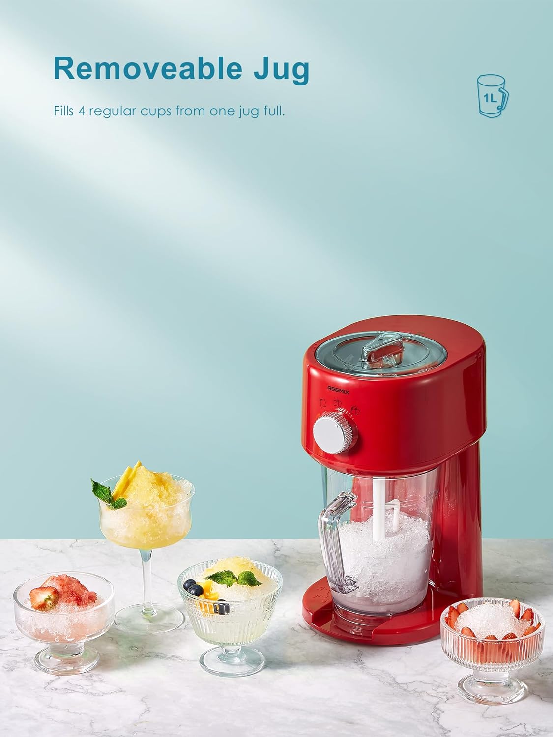 Detalle de Reemix BH9271 Electric Ice Crusher with Removable Jug, 3 Speeds, Red