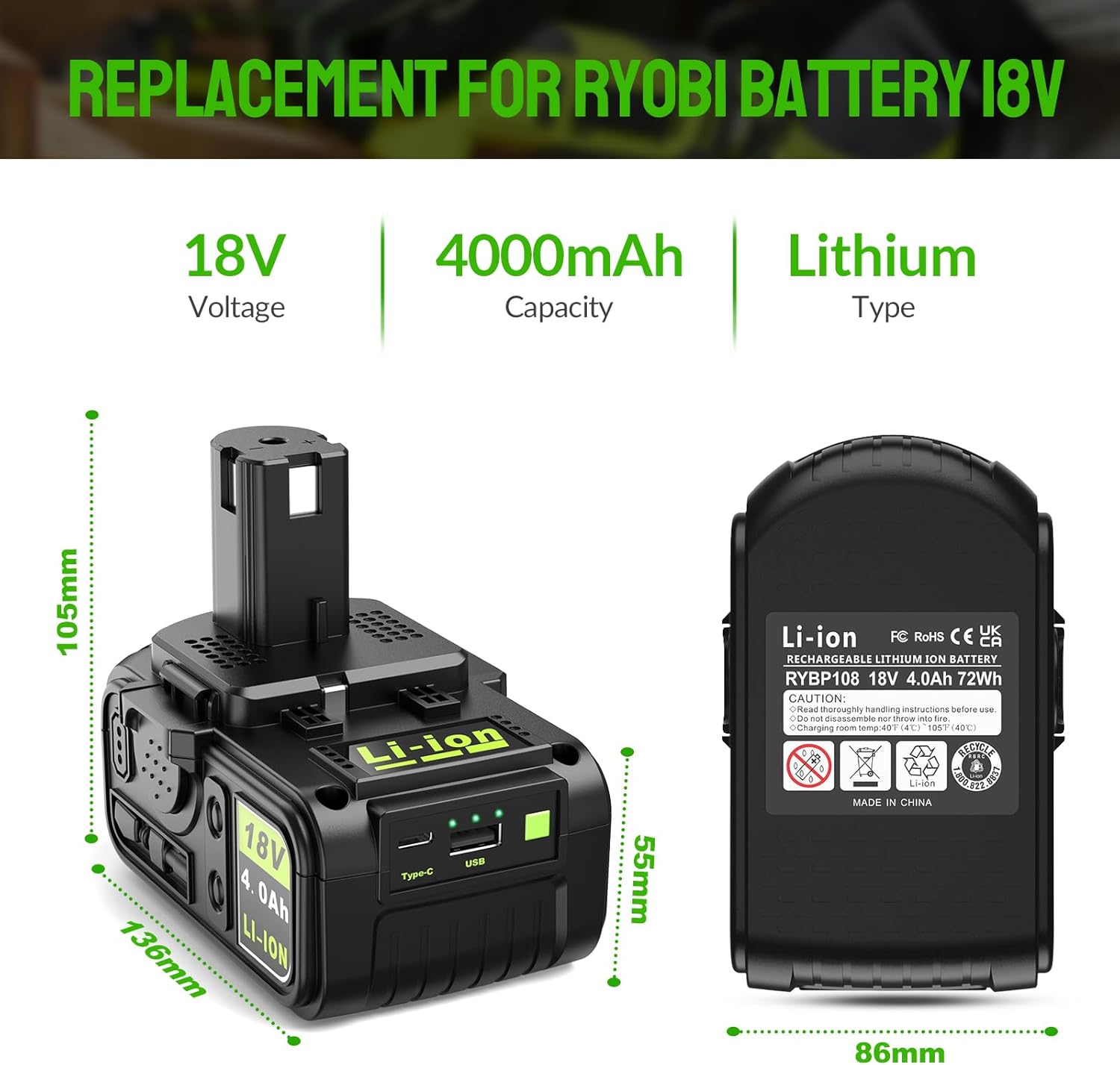 Detalle 2 de Bsioff 18V 4.0Ah replacement battery for Ryobi ONE+