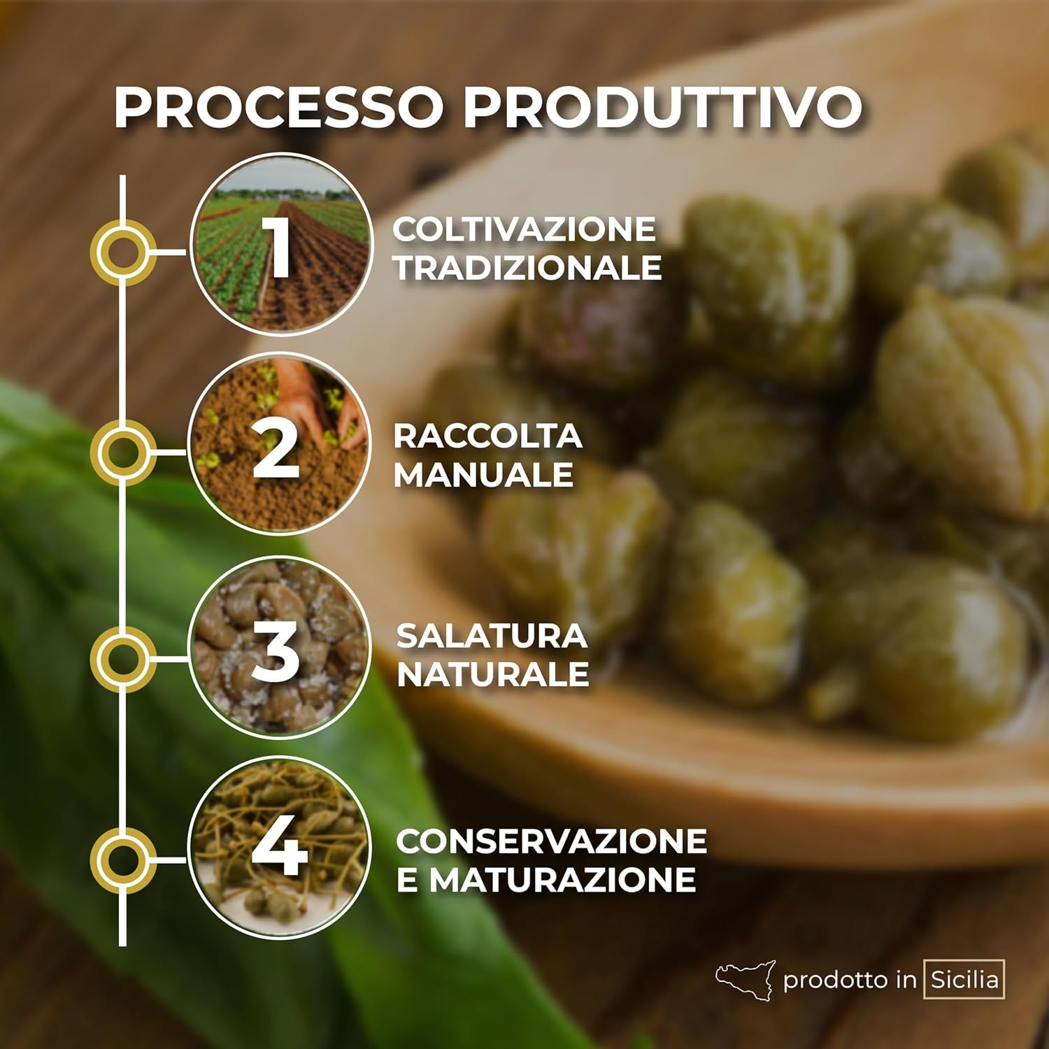 Detalle de RACILIA Capperi Medi Sotto Sale DOP Isole Eolie – Lavorazione Artigianale Siciliana 100% Italiani 250 g