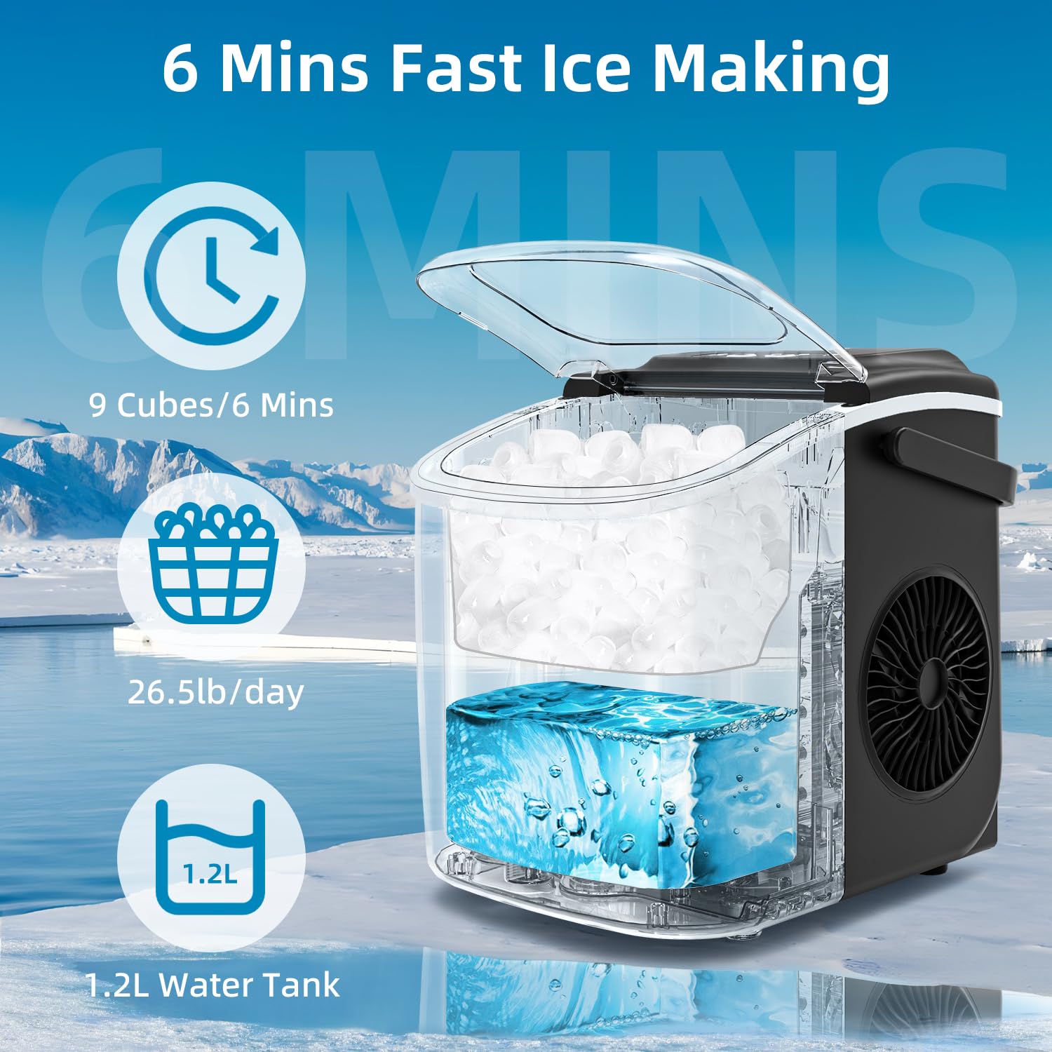 Thumbnail 3 de PALINTH Ice Maker Machine Countertop: 2 Bullet Ice Sizes, Self-C Cleaning, Portable Handle