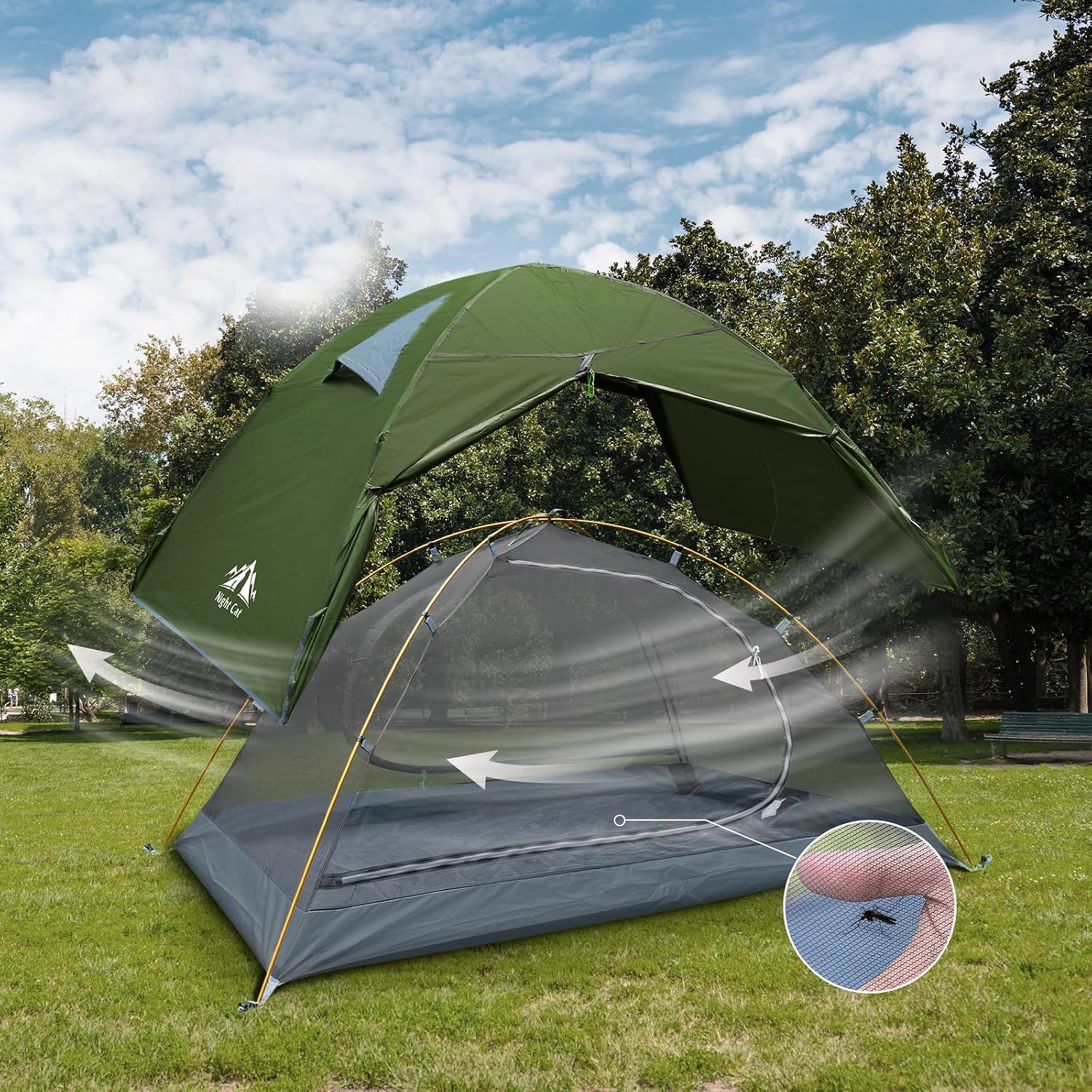 Detalle de Night Cat 2-Person Backpacking Tent, Waterproof Rainfly, Aluminum Poles, Army Green