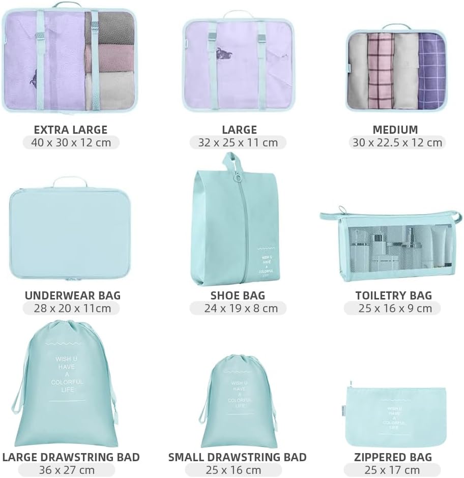 Detalle de Lychico 9-Piece Packing Cubes Set for Suitcase — Waterproof Travel Organisers in Blue