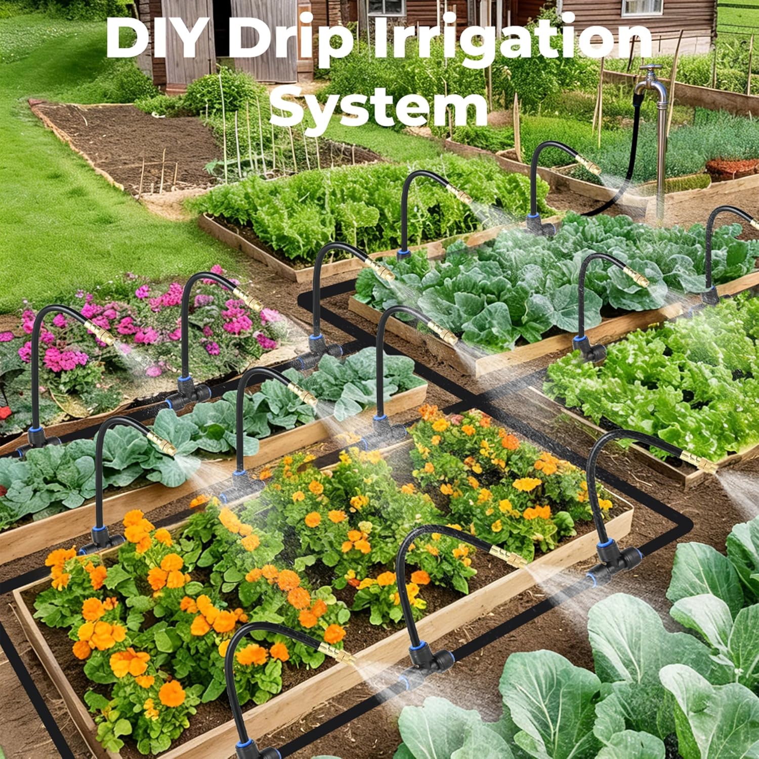 Thumbnail 4 de Drip Irrigation System for Garden Watering: 130FT 20 Misting Nozzles – Automatic Kit with 1/4" PE Tubing