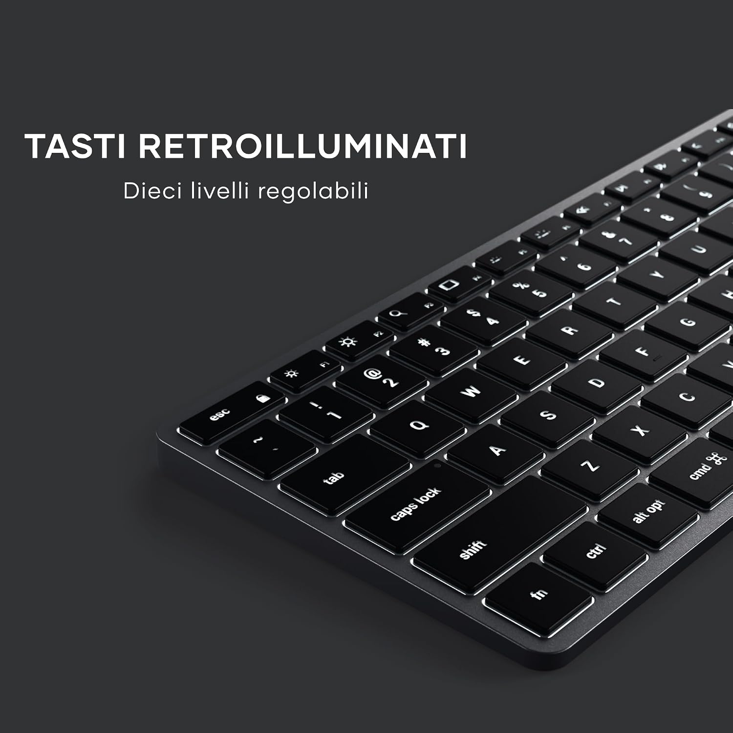 Detalle de Satechi Tastiera Wireless Slim X2 QWERTY US Bluetooth con tastierino numerico, retroilluminata e ricaricabile (per Mac, Windows e Android) – Grigio
