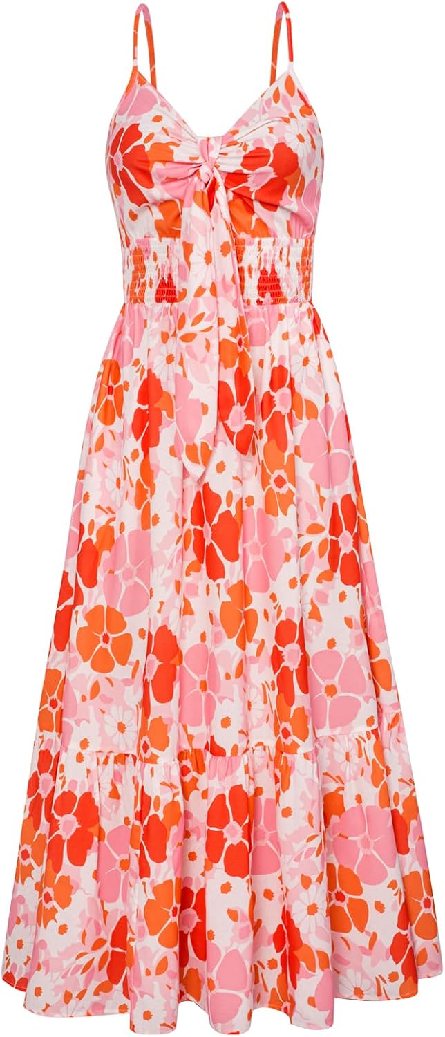 Detalle de GRACE KARIN Women's Summer Floral Maxi Dress - Boho Chiffon-Feel Flow, Adjustable Tie, Pockets