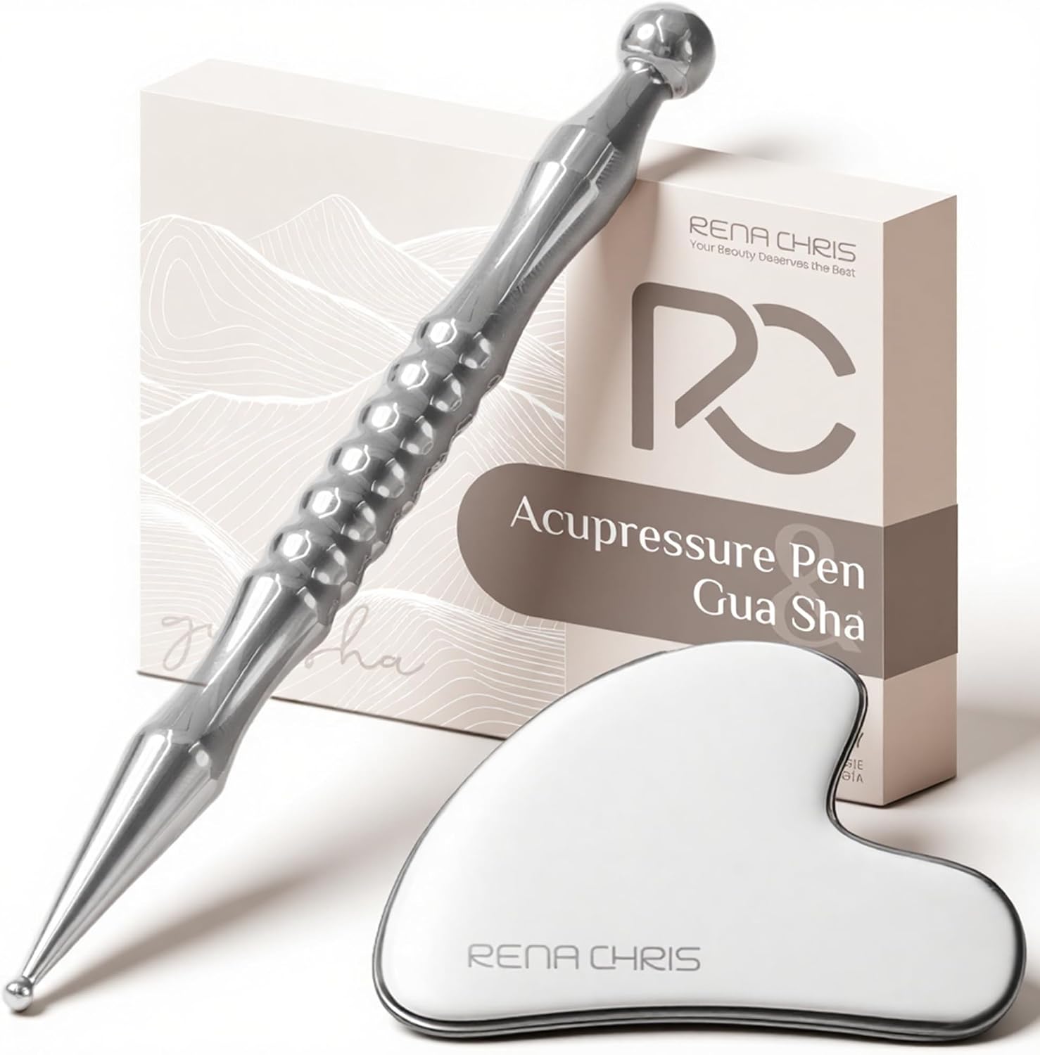 Detalle de Rena Chris Gua Sha- en acupressuurset van roestvrij staal met reflexologiekaart