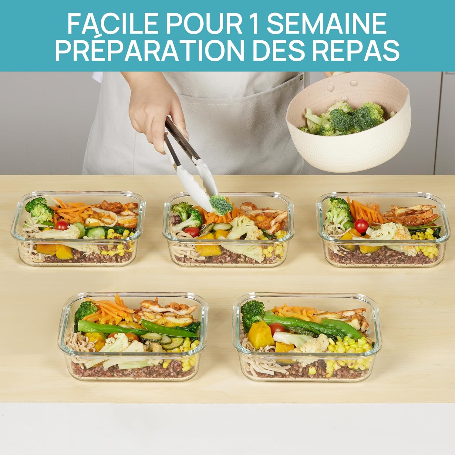 Detalle de Vtopmart Lot de 5 Lunch Box Verre 1035 ml – boîtes hermétiques et réutilisables, compatibles four, micro-ondes, congélateur et lave-vaisselle