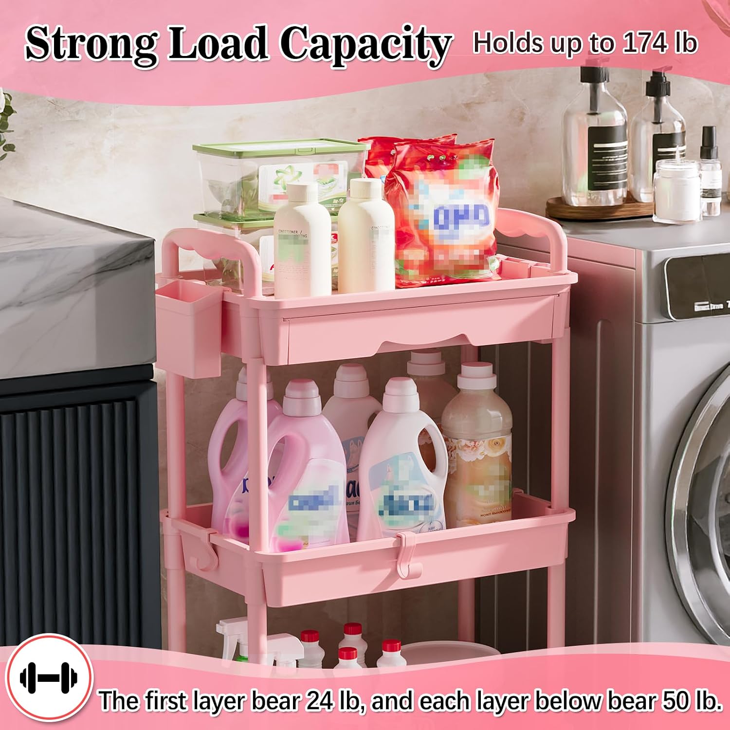 Detalle 1 de SUNALLY SN-UC03PK 3-Tier Rolling Storage Cart with Drawer, Pink, Locking Wheels