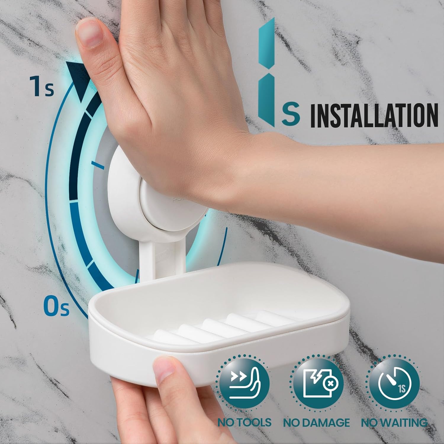 Thumbnail 2 de TAILI Porte-savon à ventouse sans perçage pour salle de bain (lot de 2) avec drainage et porte-éponge