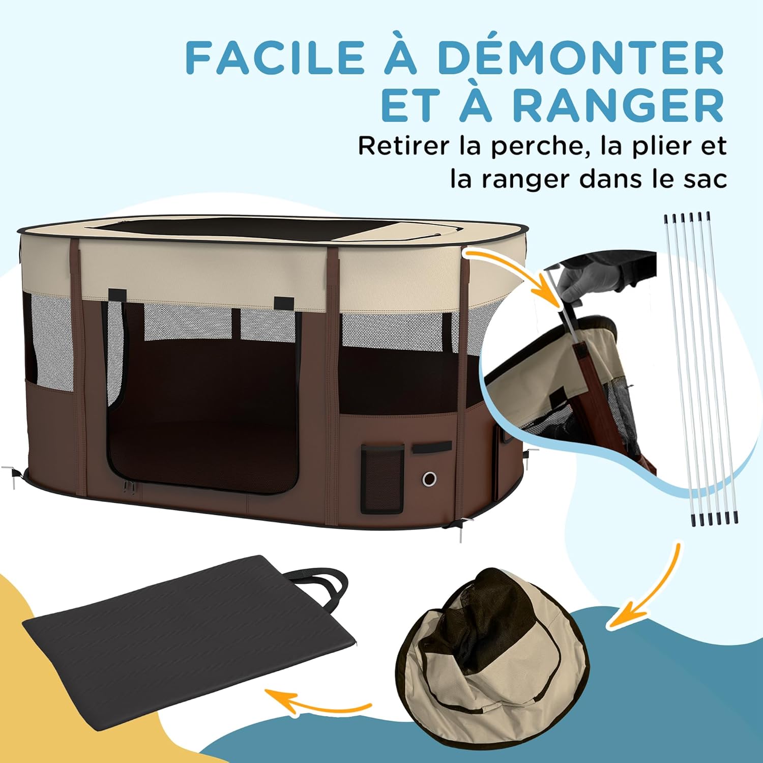 Detalle 2 de PawHut Parc pour Chien en Tissu Oxford – Enclos pliable 114 x 89 x 59 cm, blanc crème et marron