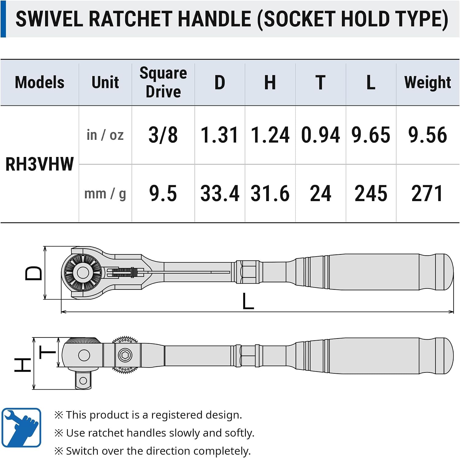 Detalle 2 de トネ(TONE) RH3VHW スイベルラチェットハンドル 9.5mm 角度調整式