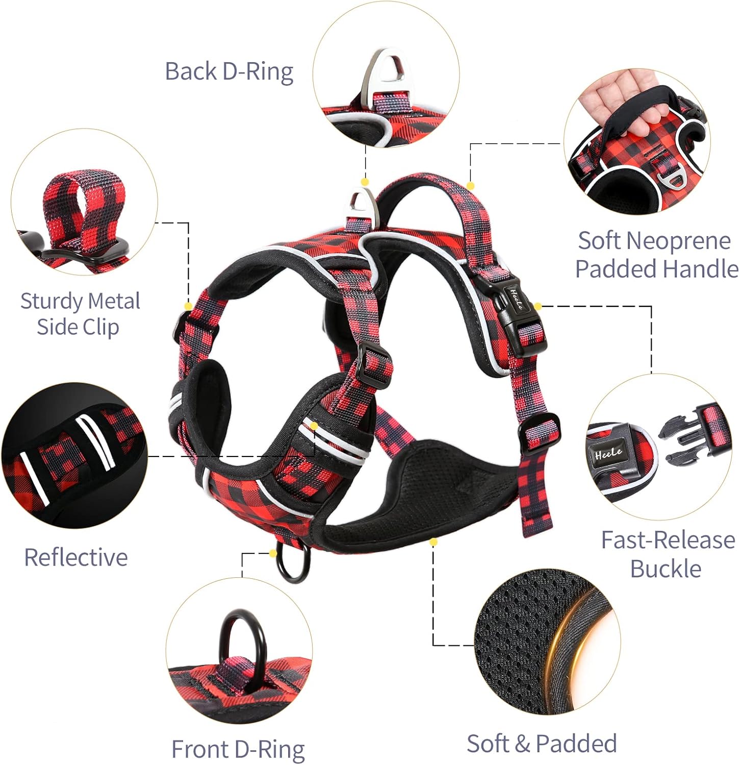 Thumbnail 2 de HEELE Small Dog No Pull Harness (Soft Handle, Reflective) – Checkered-Red, Size S
