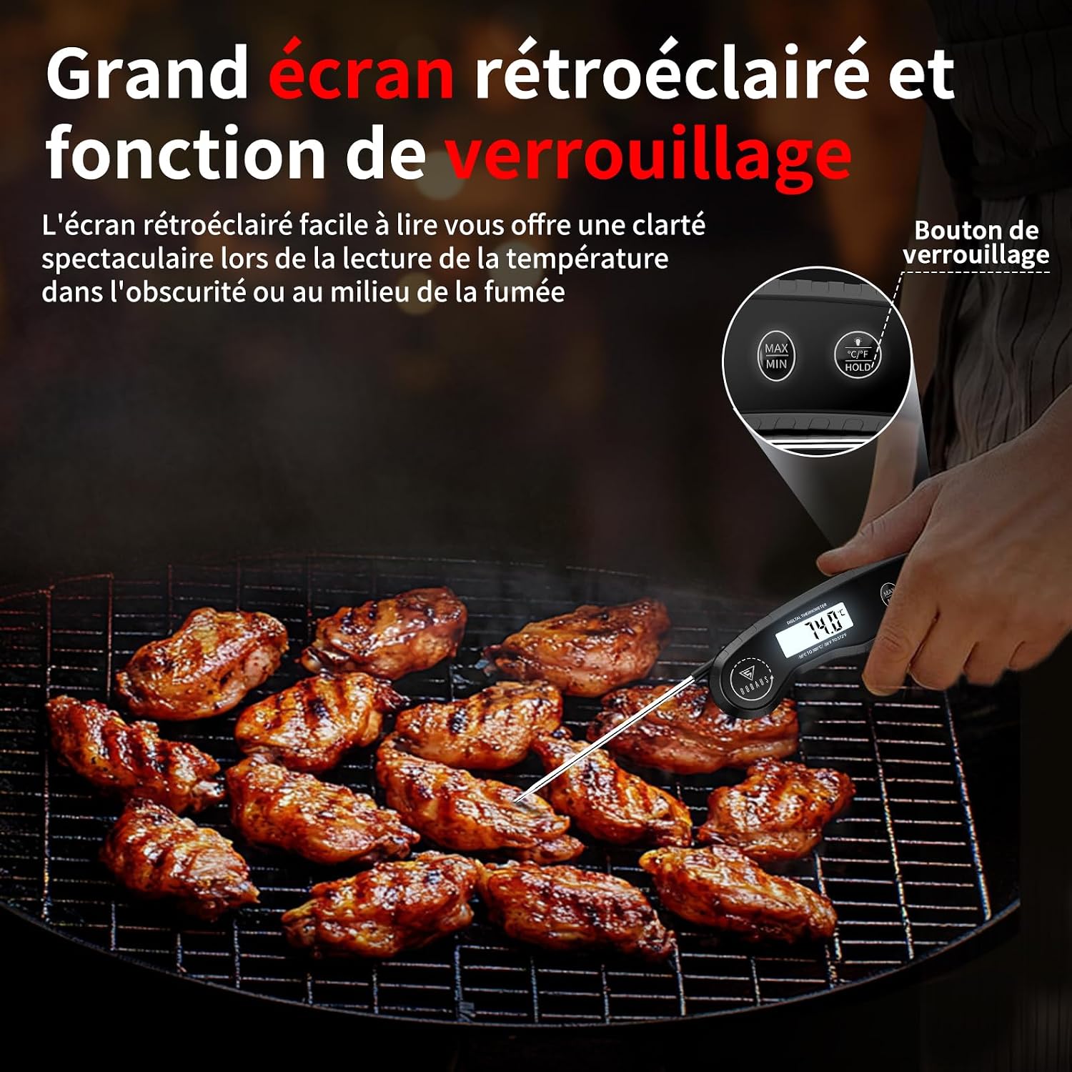 Detalle de DOQAUS CP7 Pro keukenthermometer met inklapbare sonde en verlicht lcd-display