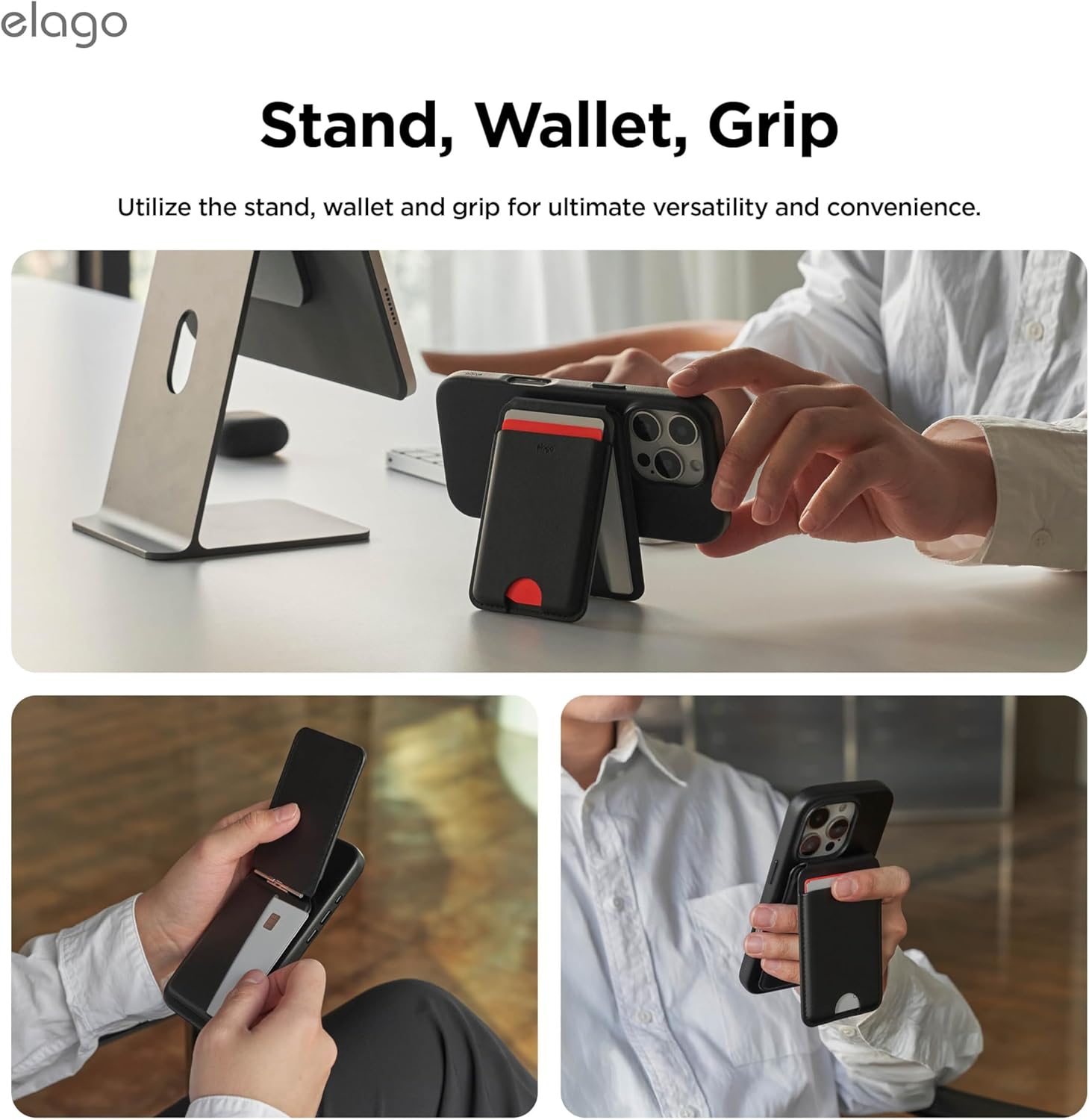 Thumbnail 1 de elago Portafoglio magnetico in pelle sintetica compatibile MagSafe per iPhone 17/16/15/14/13/12 (supporto multi-angolo) nero