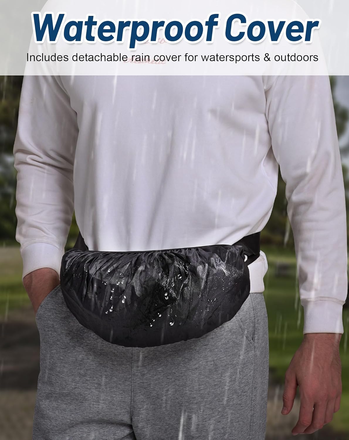 Detalle 2 de MOCOCITO Grande Banane Homme & Femme — Sac banane imperméable avec housse de pluie intégrée, 52–152 cm, porte-bouteille 1L, idéal vélo et trekking