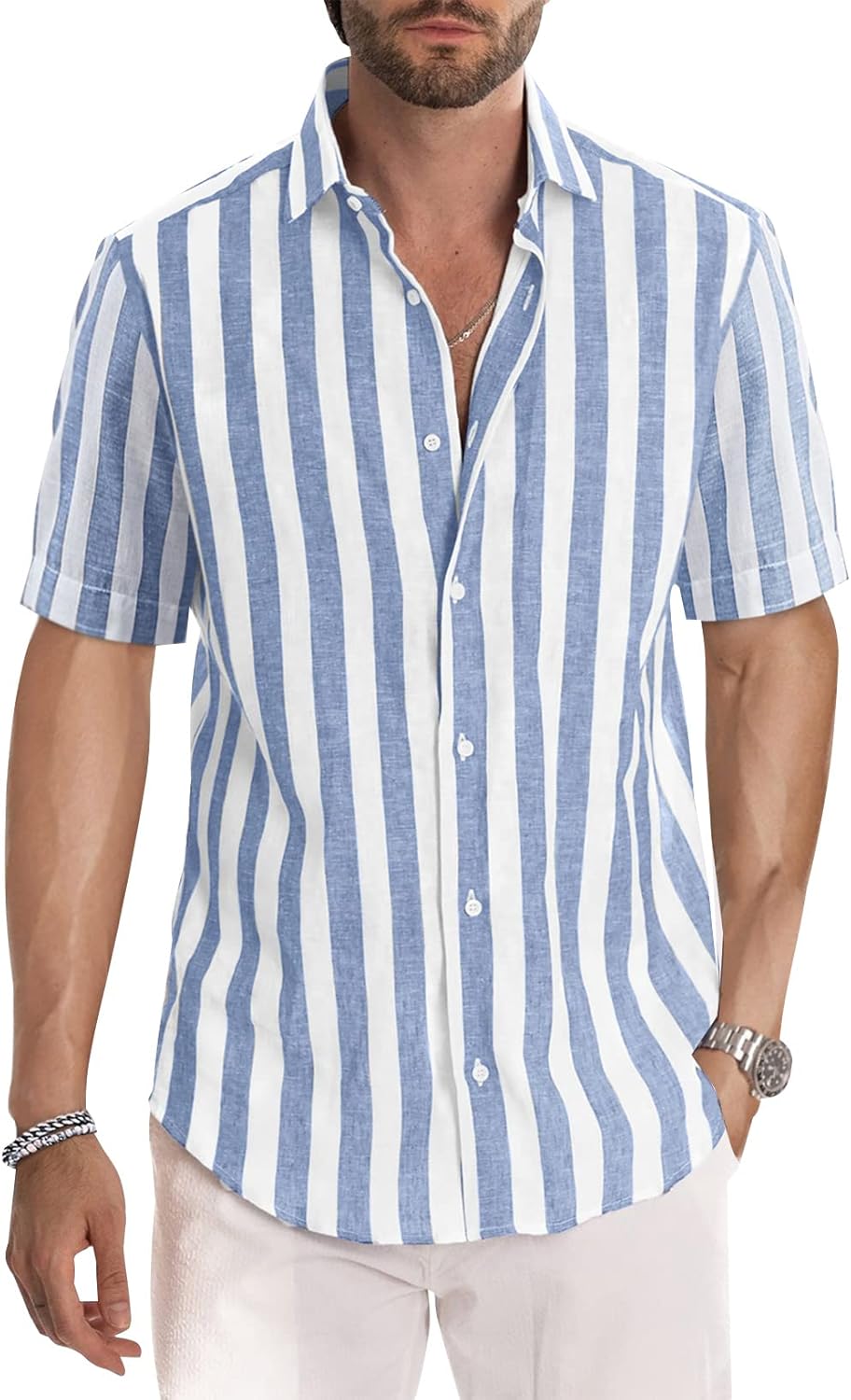 Detalle de JMIERR Men's Casual Stylish Short Sleeve Button-Up Striped Dress Shirt