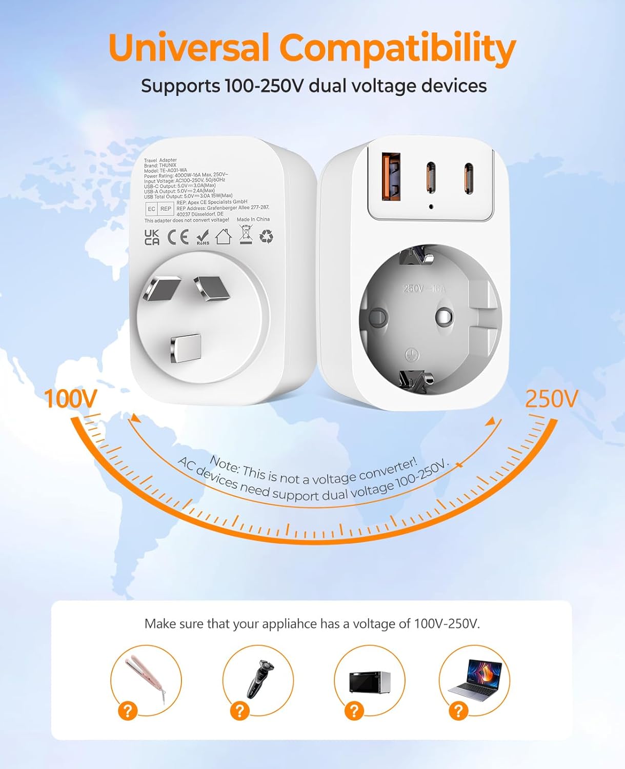 Thumbnail 5 de THUNIX Adaptateur voyage Australie/Chine 4 en 1 avec USB A et 2 USB-C (Type I) – Blanc