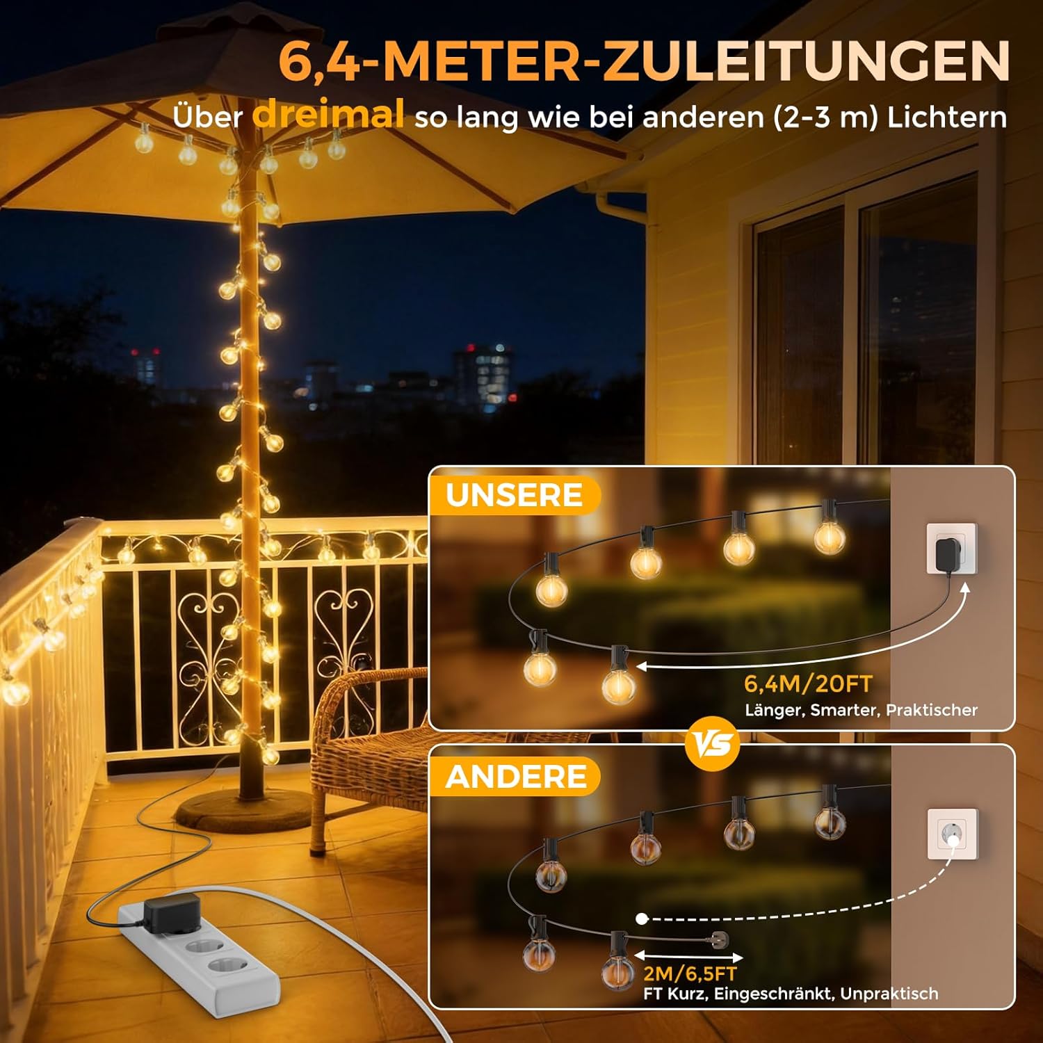 Thumbnail 6 de LED-Lichterkette für außen: 91,3 m Stromkette mit 120× G40, App & Fernbedienung, dimmbar (IP44)